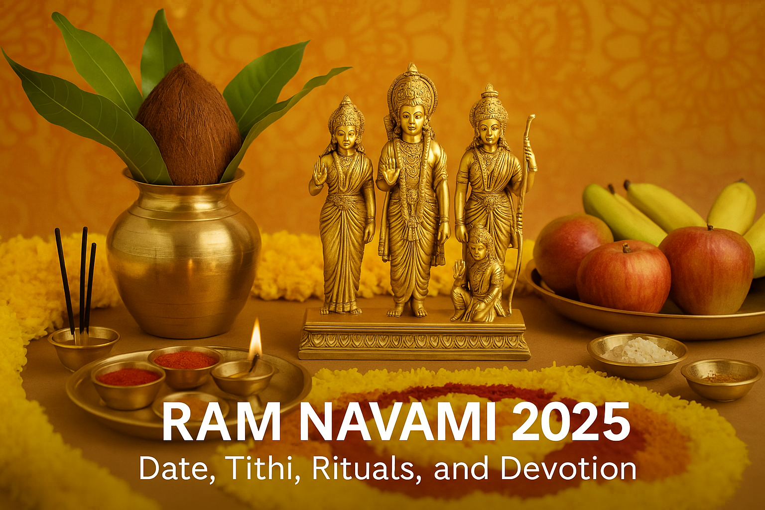 RAM NAVAMI 2025: Date, Tithi, Rituals, and Devotion - Celebratory altar with deities and offerings.