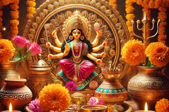 Chaitra Navratri – Nine Days of Divine Energy & Devotion, Goddess Durga idol with flowers and festive decorations.