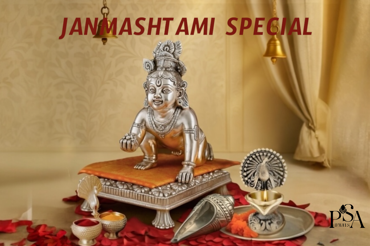 Celebrate Janmashtami 2025 with PSA Jewels – Pure Silver Devotion for Your Home Temple featuring a silver Krishna idol.