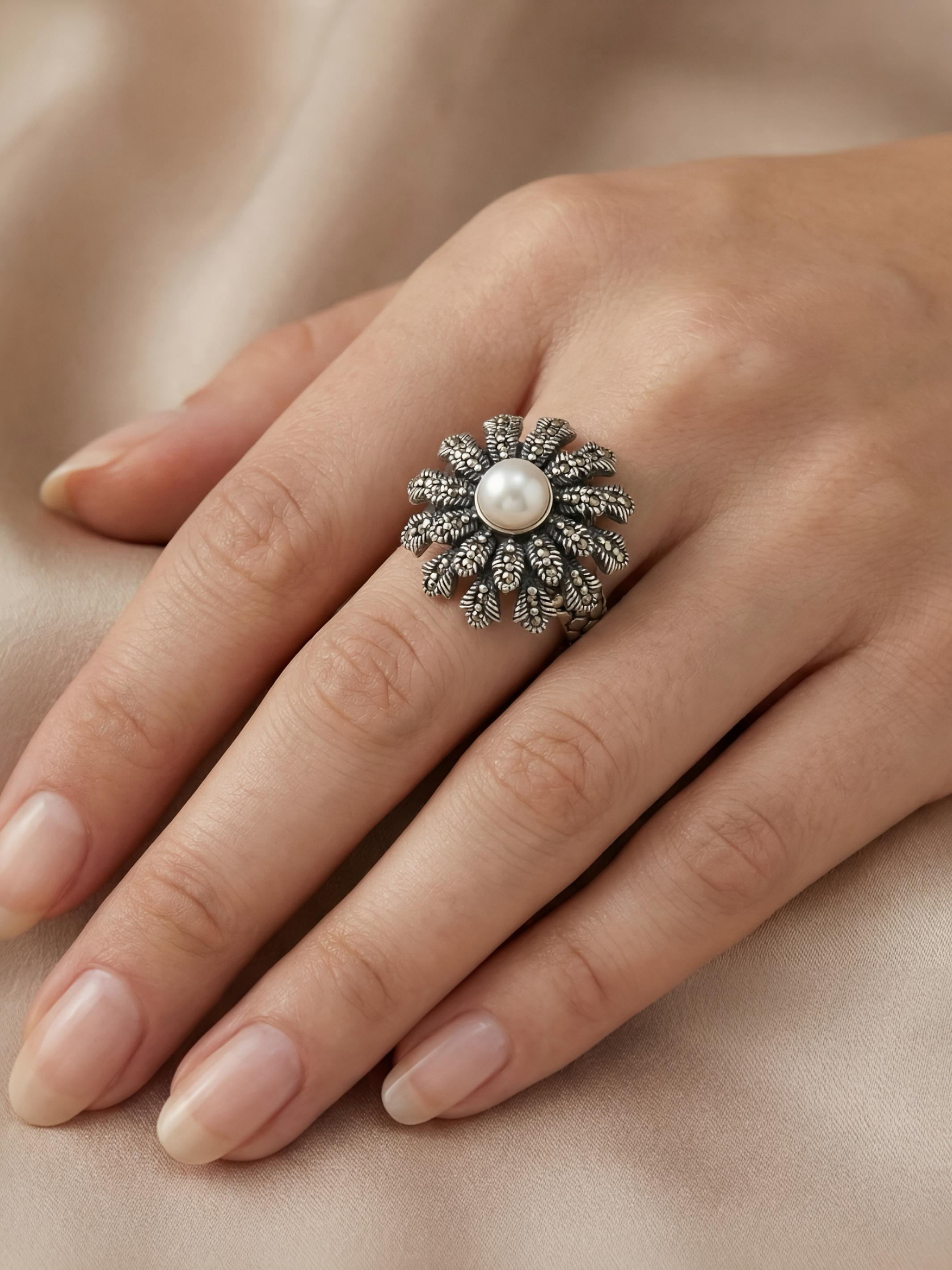 Marcasite Flower Pure Silver Ring With Pearl