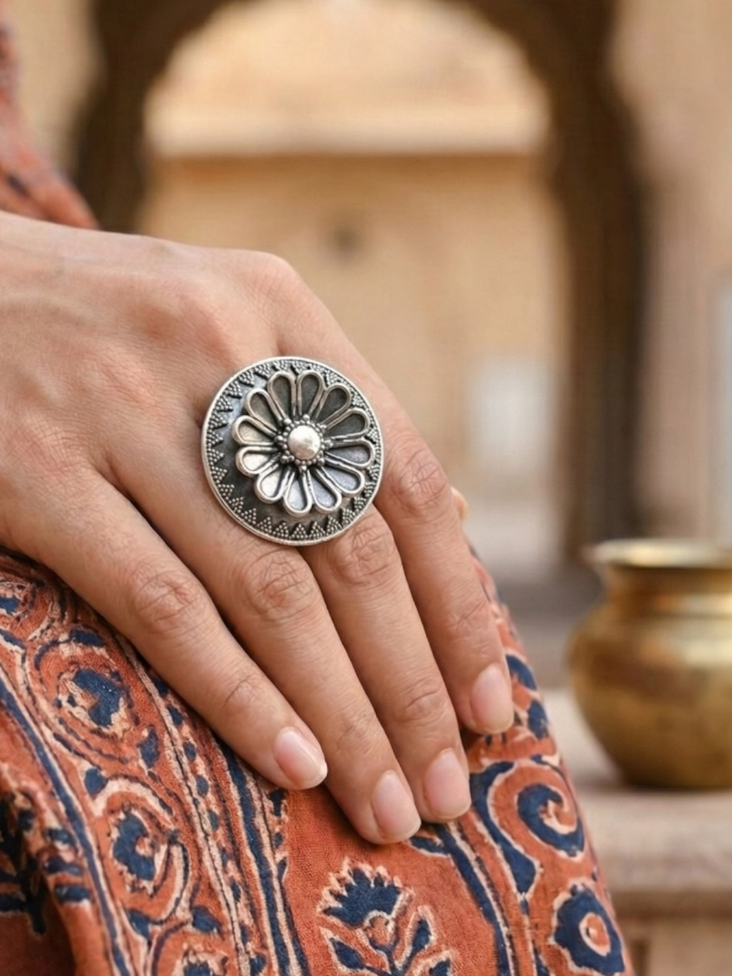 Artistic Big Flower Pure Silver Ring
