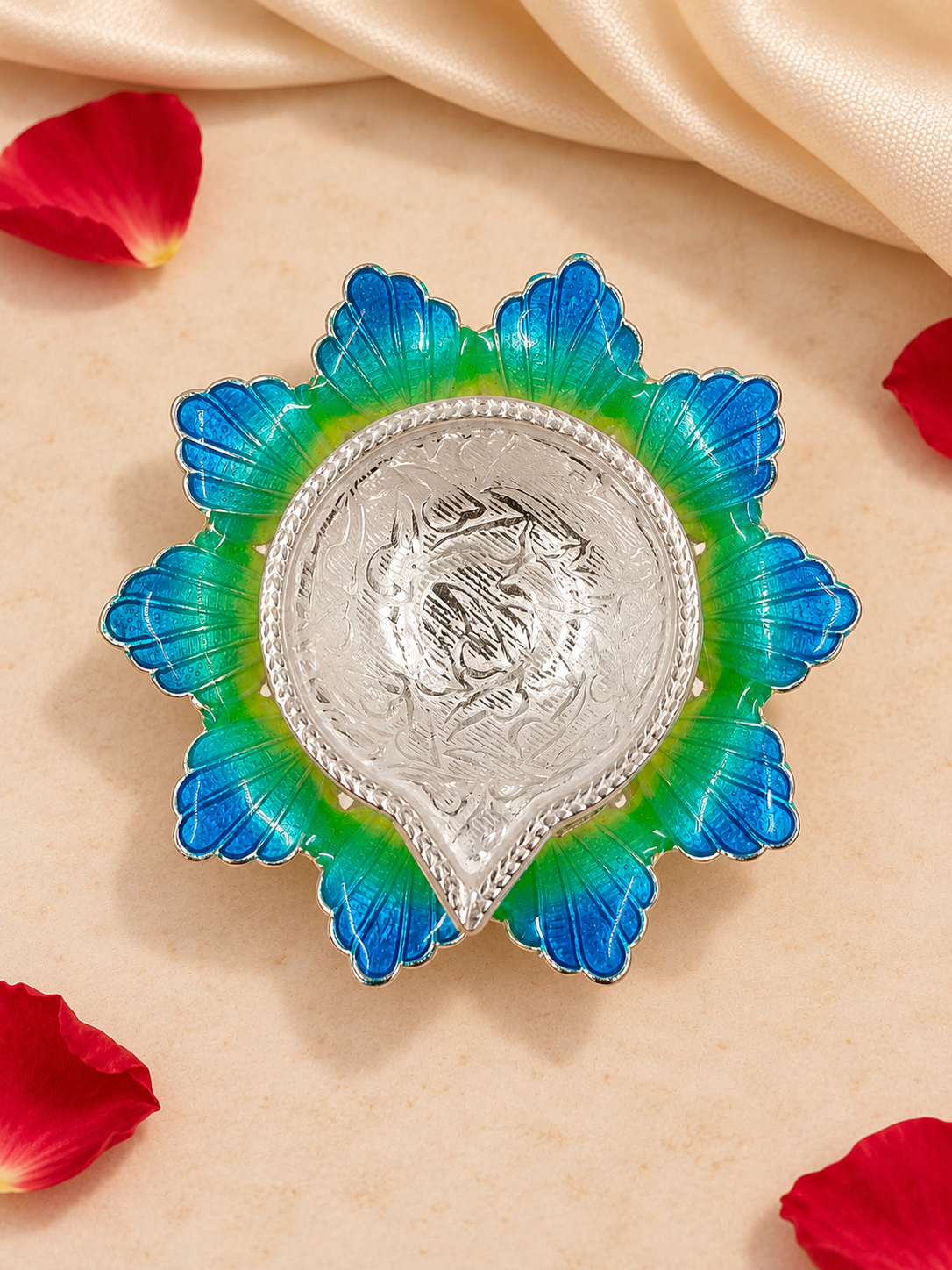 Pure Silver Antique Finish Diya with Colour Enamel & Flower Shape Base