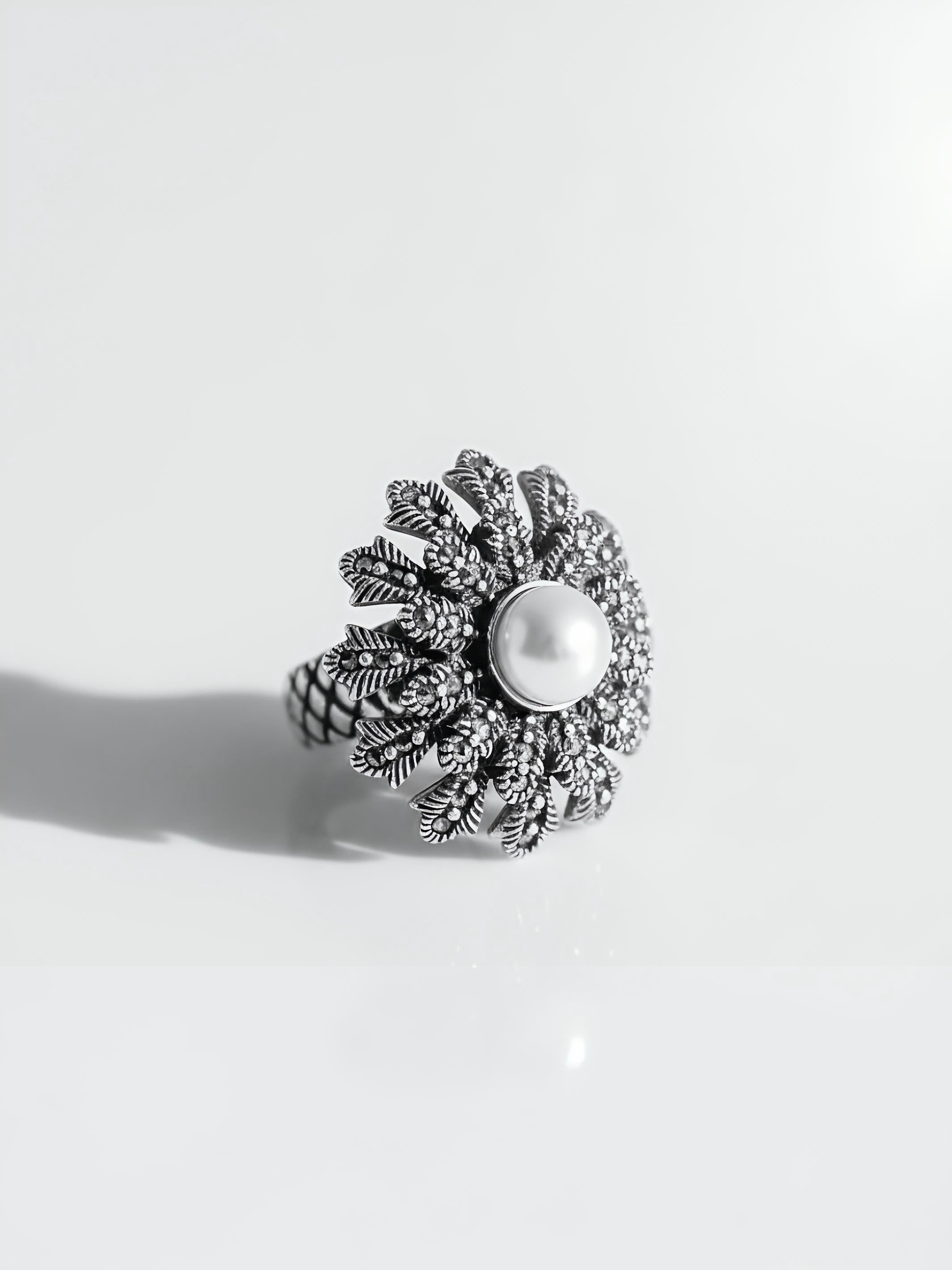 Marcasite Flower Pure Silver Ring With Pearl