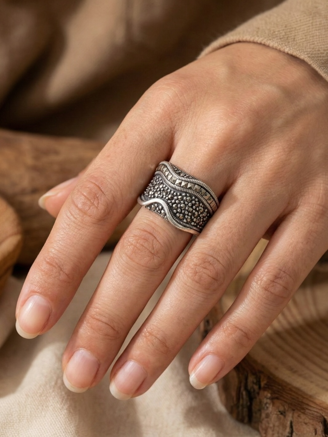 Marcasite Wave Shaped Pure Silver Ring