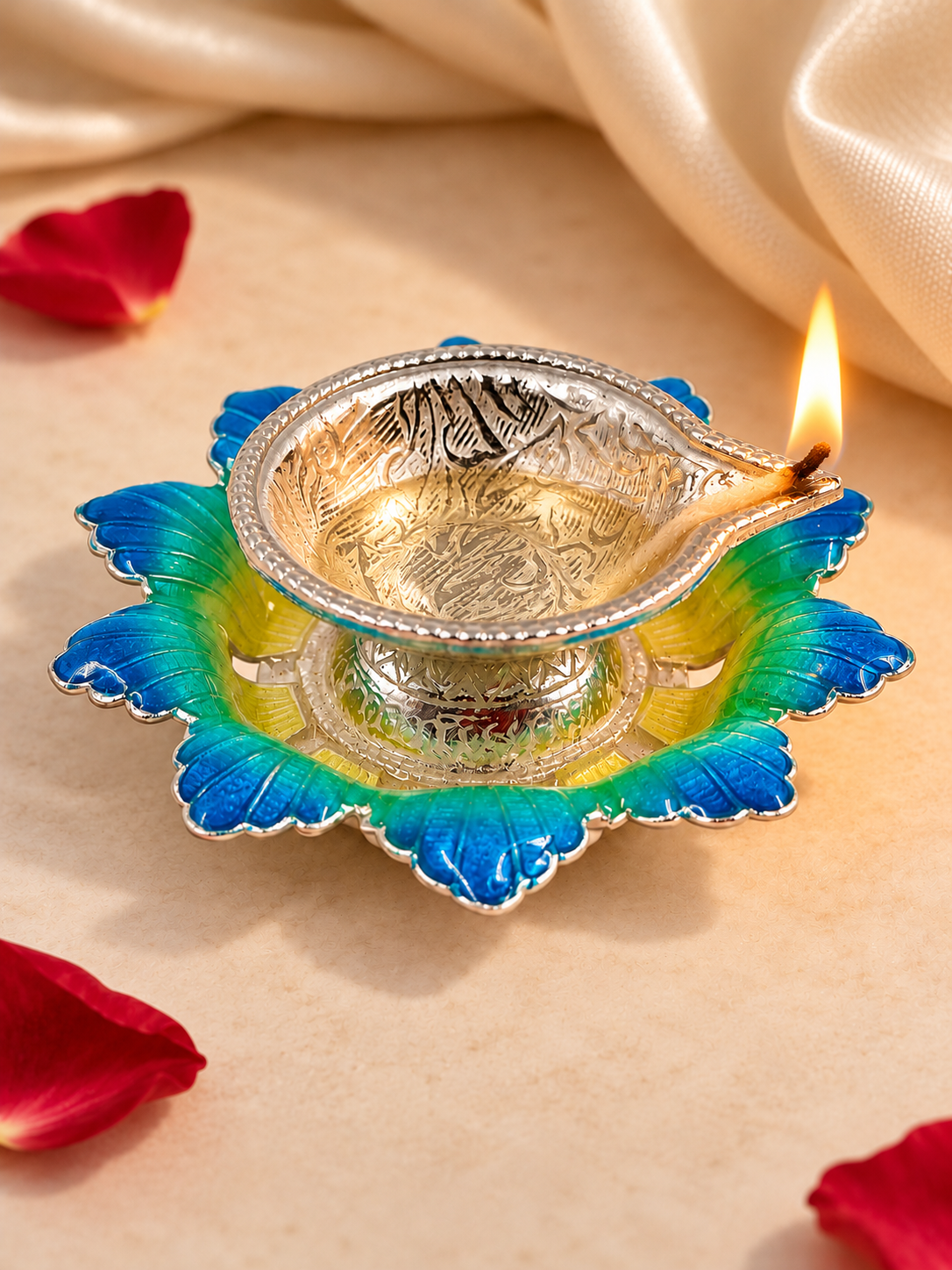 Pure Silver Antique Finish Diya with Colour Enamel & Flower Shape Base