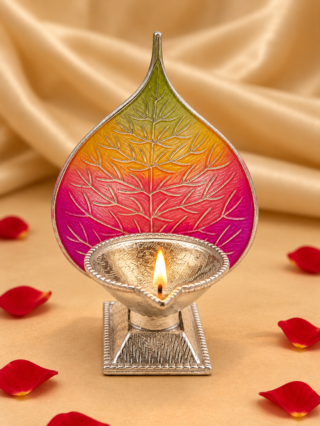 Pure Silver Antique Finish Pure Silver Diya with Multi-Colour Enamel & Paan Leaf Design