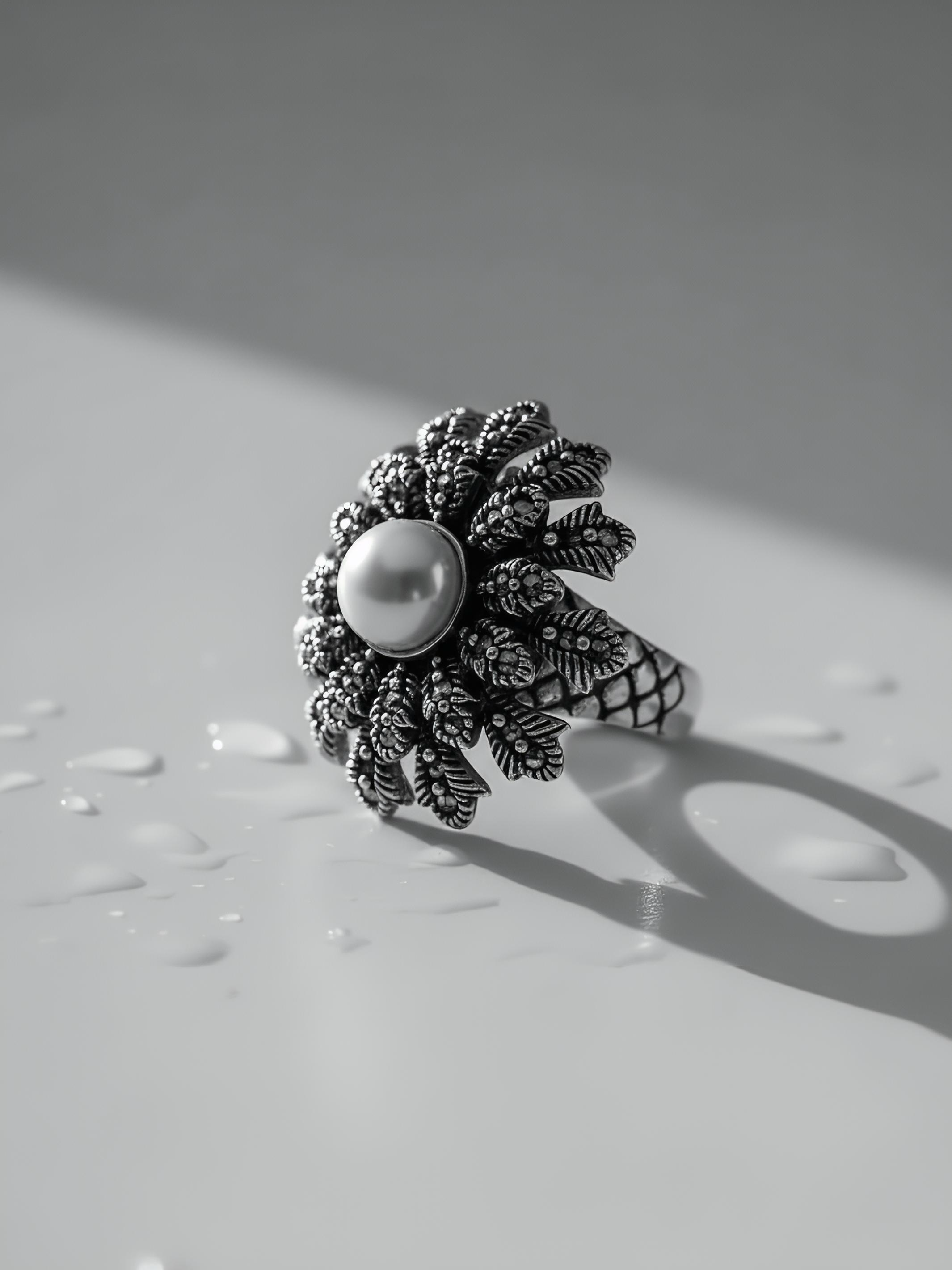 Marcasite Flower Pure Silver Ring With Pearl