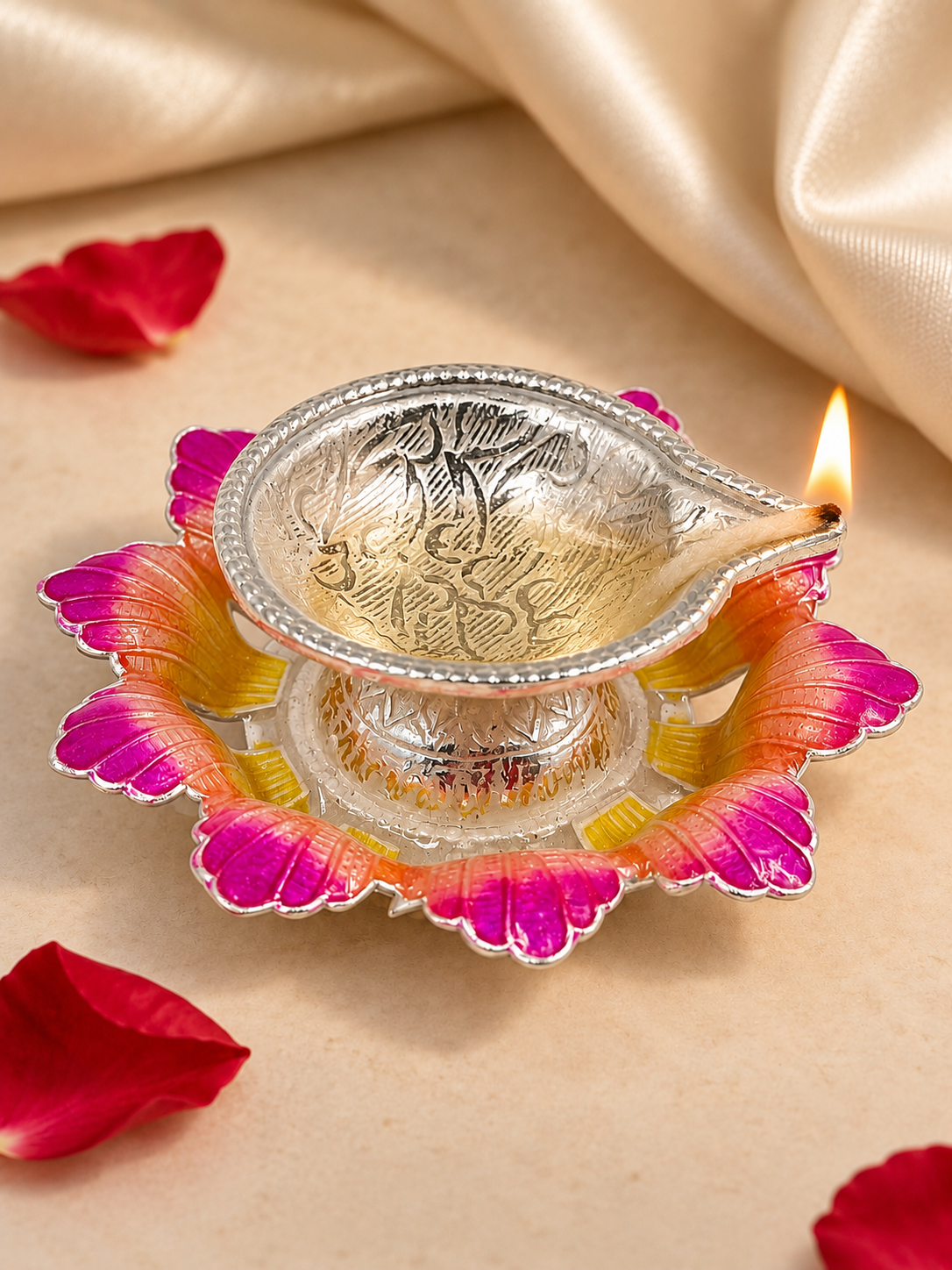 Pure Silver Antique Finish Diya with Colour Enamel & Flower Shape Base