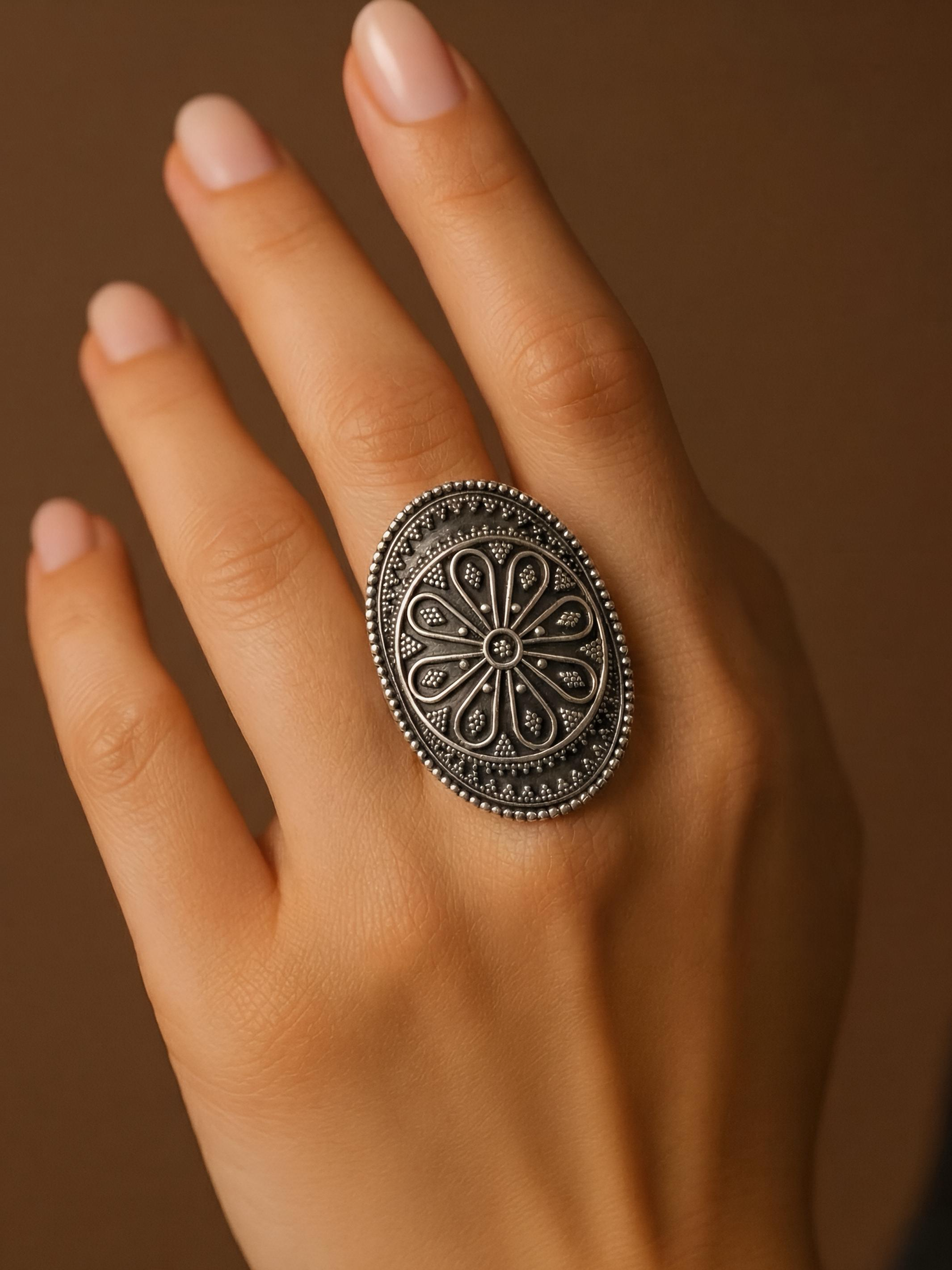 Artisan Handcrafted Oval Flower Pure Silver Ring