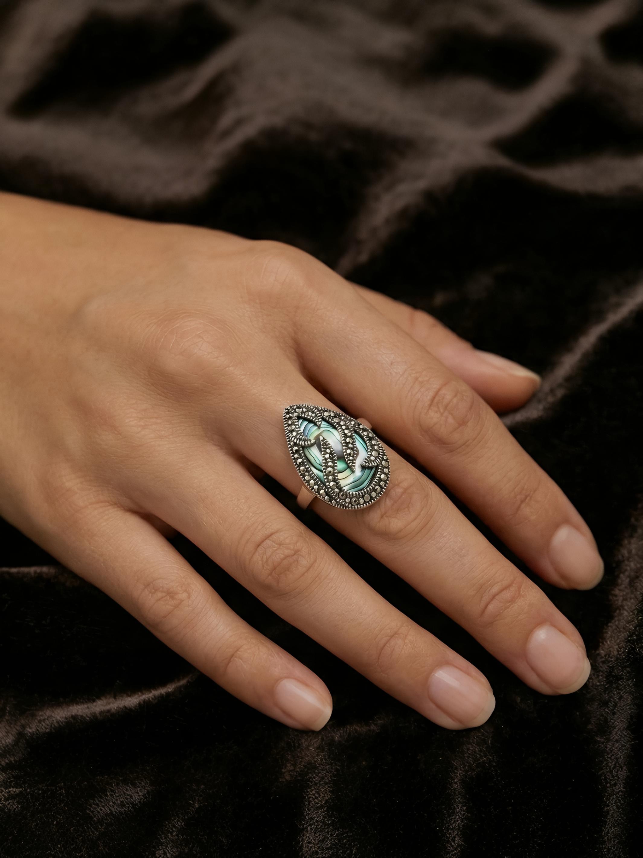 Diamond Shape Abalone Shell Pure Silver Ring