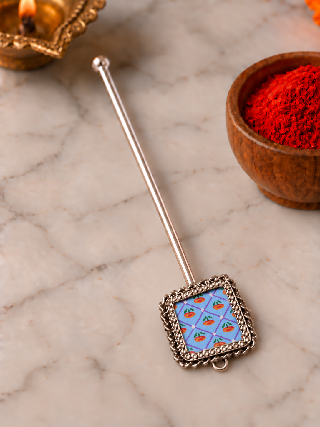 Pure Silver Hand-painted Square Shaped Antique Pooja tilakstick