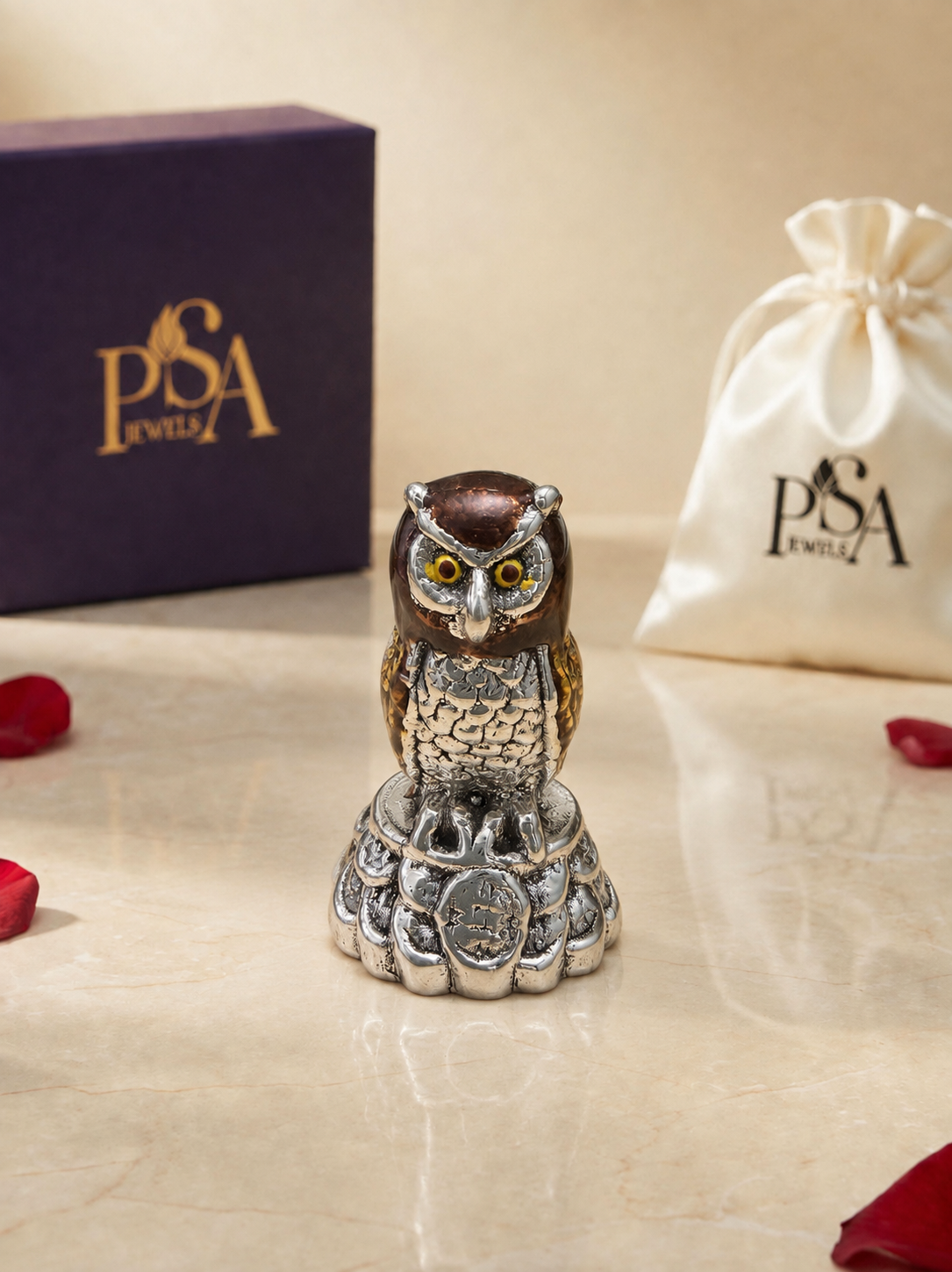 Pure 999 Silver Enamel Wisdom Owl Idol on Coin Base