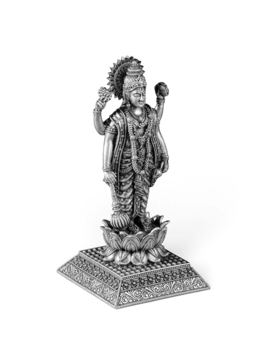 Pure 925 Silver Antique-Finish Lord Vishnu Idol on Lotus Pedestal