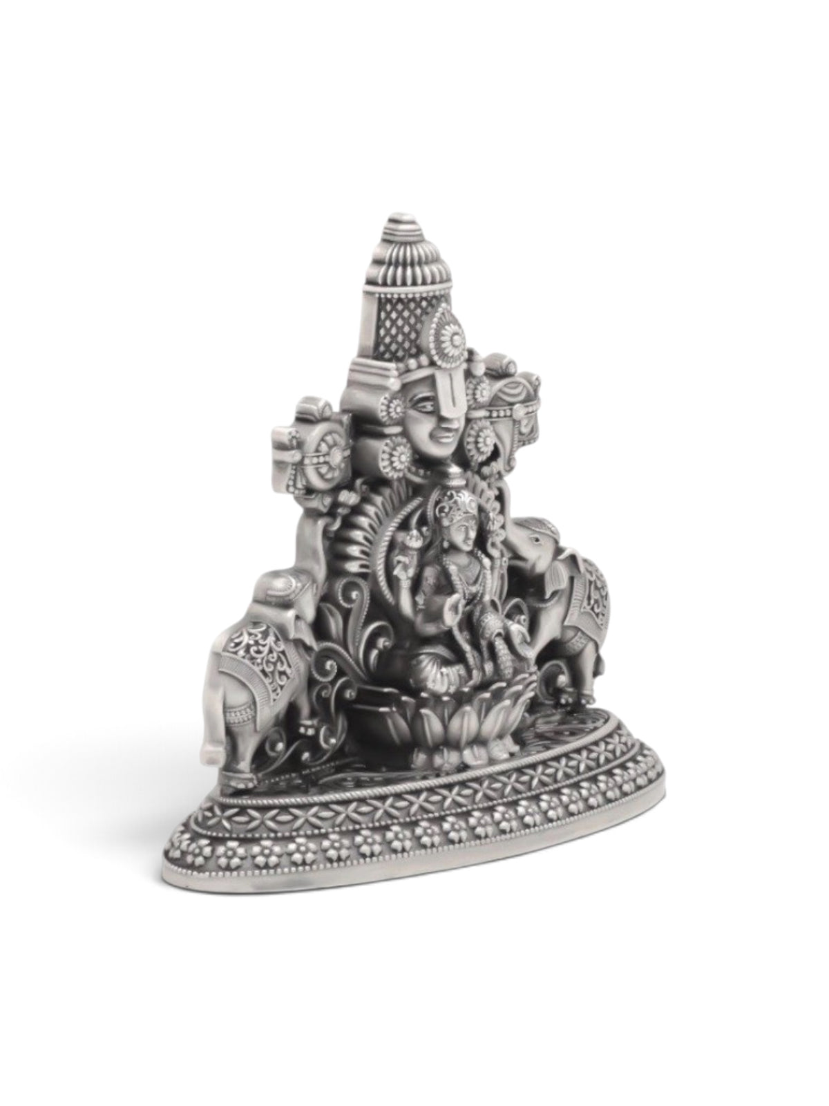 Pure 925 Silver Antique-Finish Tirupati Balaji with Lakshmi Maa & Elephant Idol in 2D