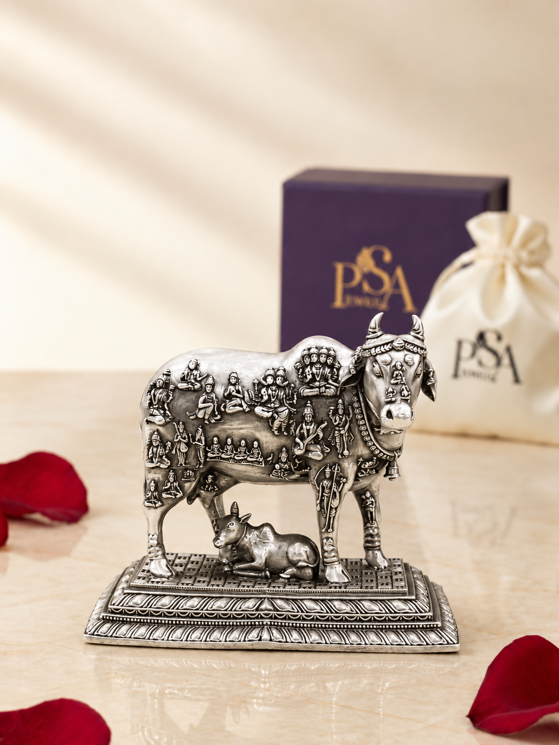 Pure 925 Silver Antique-Finish Kamdhenu Cow with Calf and Devi-Devta Idol