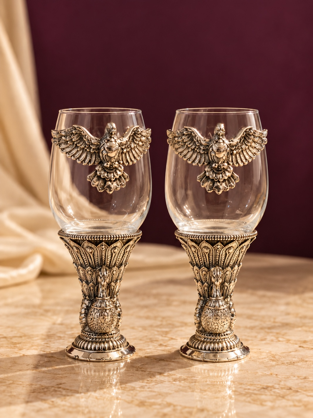Pure 999 Silver Eagle Motif Wine Glass Pair