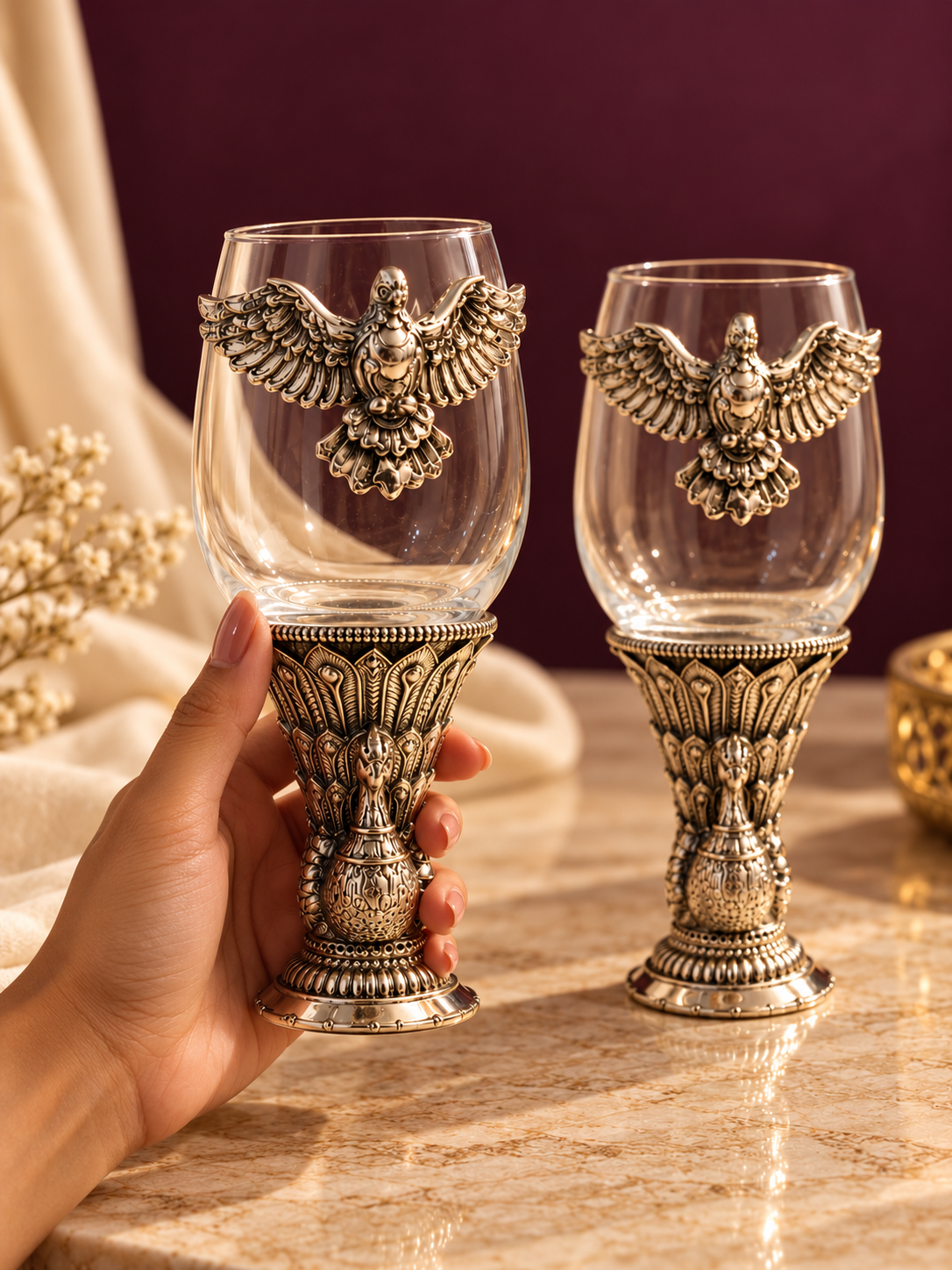 Pure 999 Silver Eagle Motif Wine Glass Pair