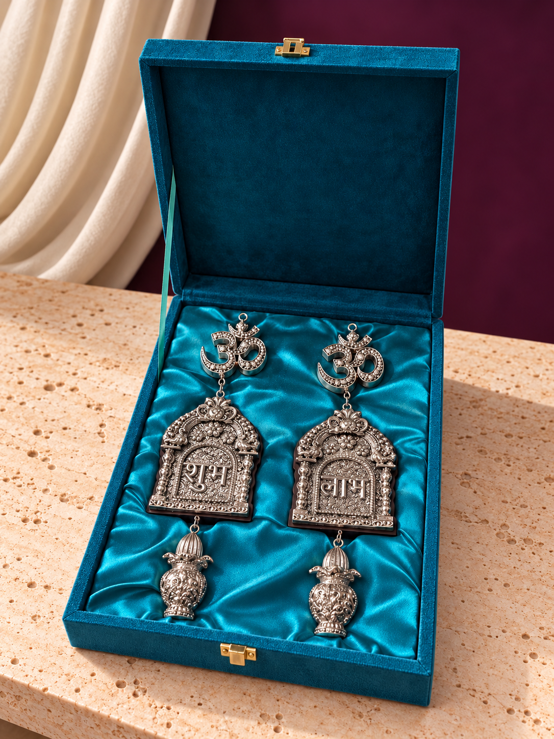 Pure 999 Antique Finish Silver Om Shubh Laabh Toran