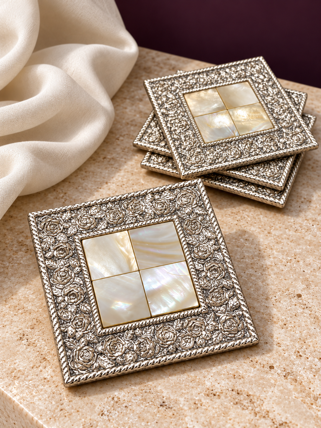 Pure 999 Silver Floral Mother of Pearl Coasters – Set of 4