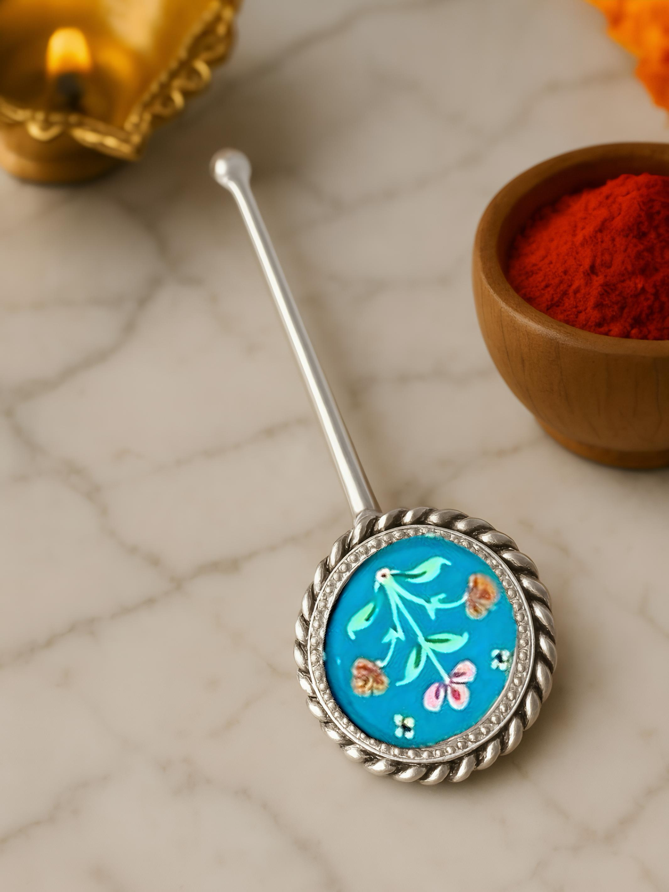 Pure Silver Hand-painted Circle Shaped Antique Pooja tilakstick