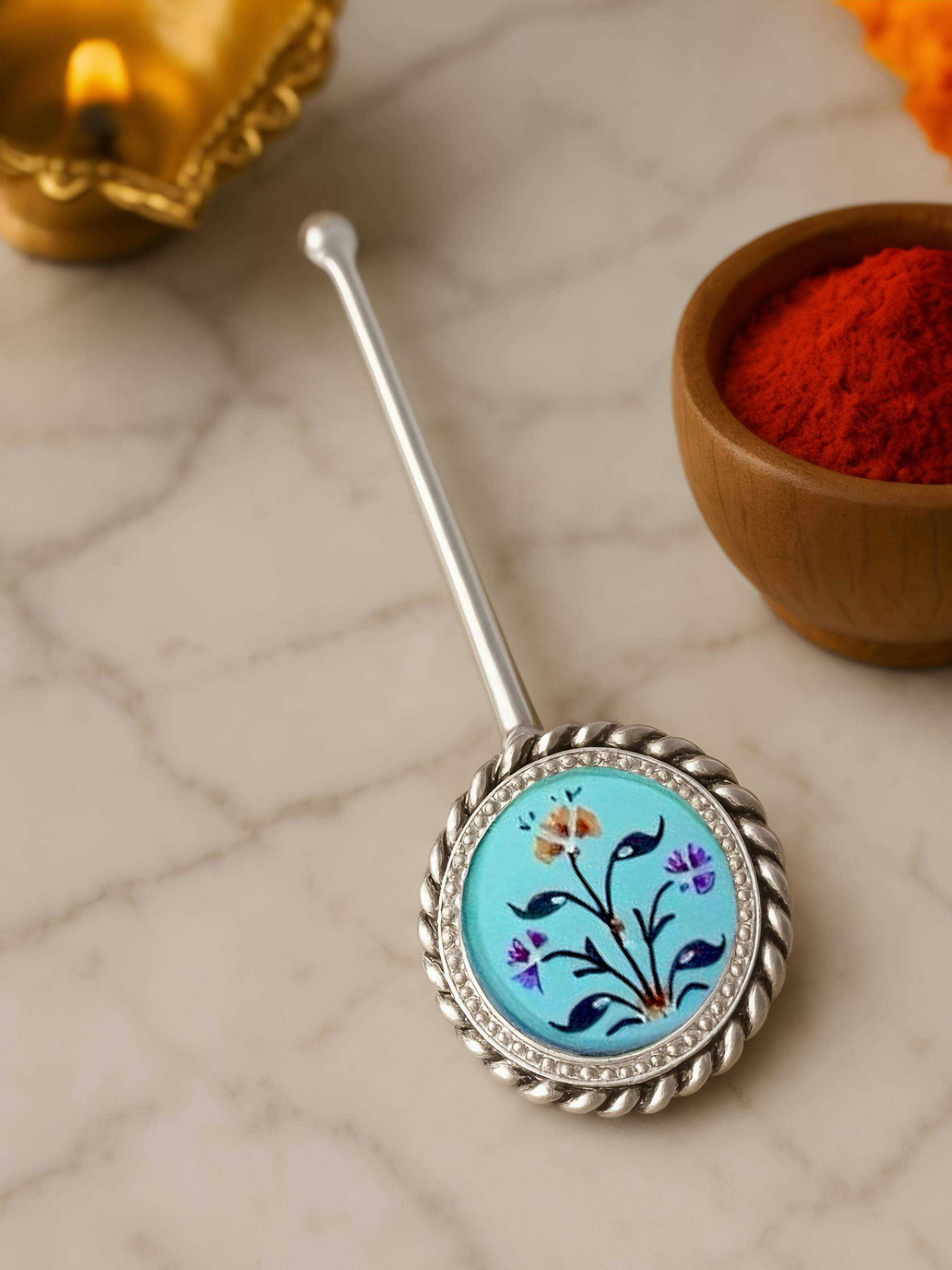 Pure Silver Hand-painted Circle Shaped Antique Pooja tilakstick