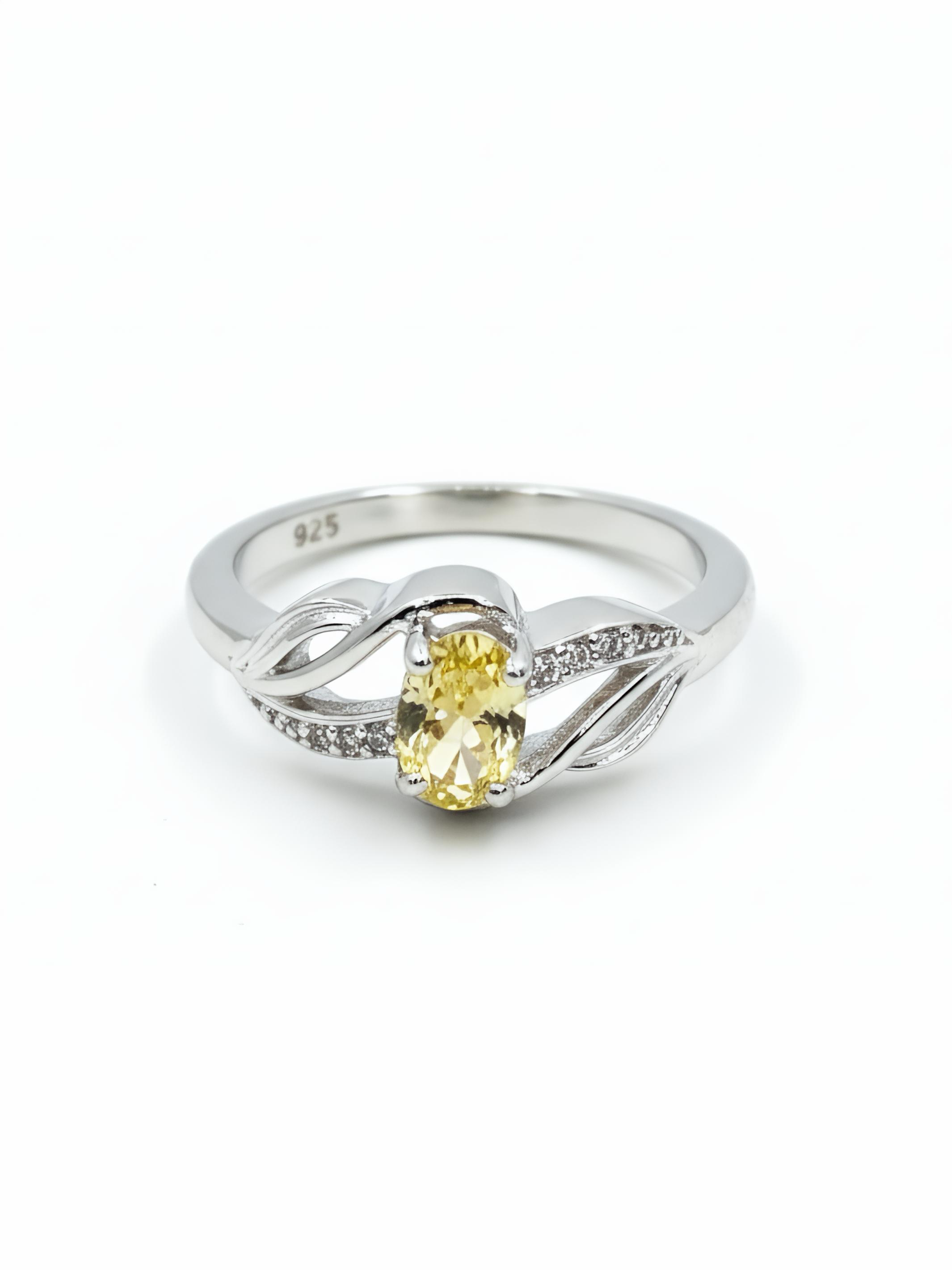 Pure Silver Round Citrine Yellow Bypass Shank Ring