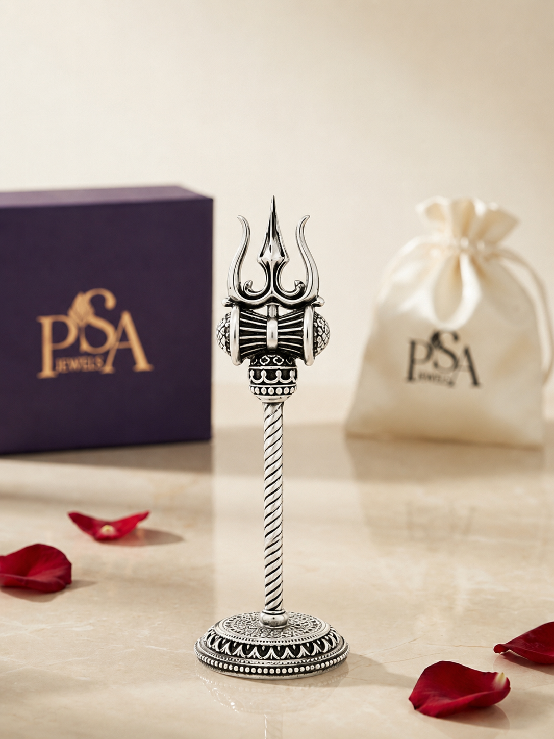 Pure Silver Antique Finish Trishul with Dambroo