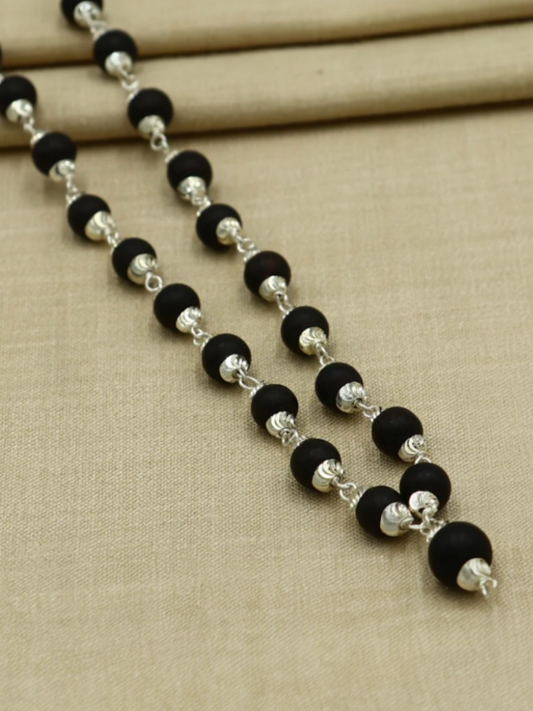 Natural Karungali (ebony wood) Pure Silver Japa Mala/ Chain