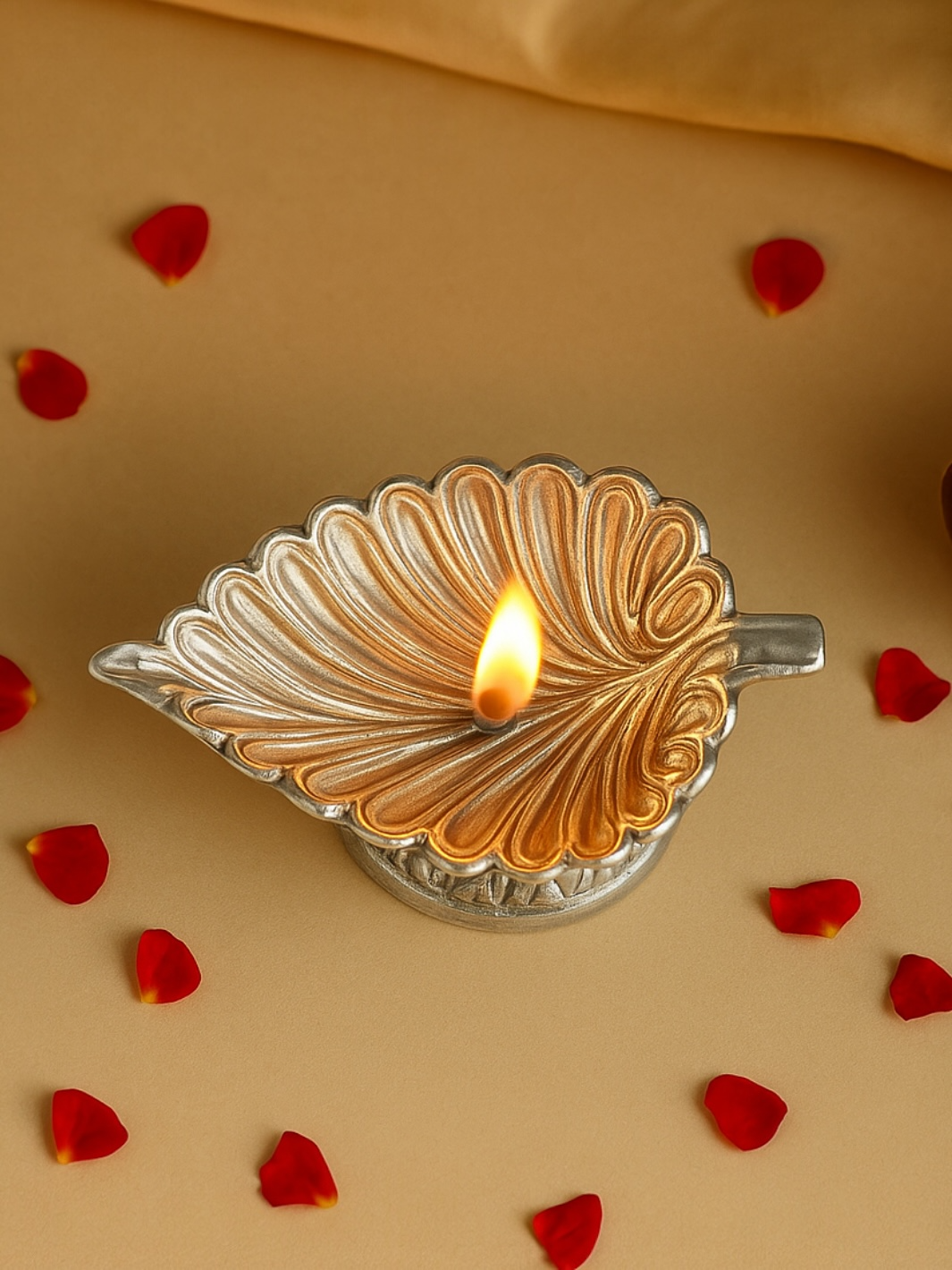 Pure Silver Antique Finish Leaf Carved Deepam
