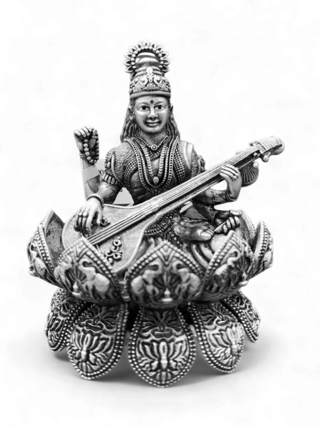 Pure Silver Antique Finish Saraswati Maa Idol on Divine Lotus