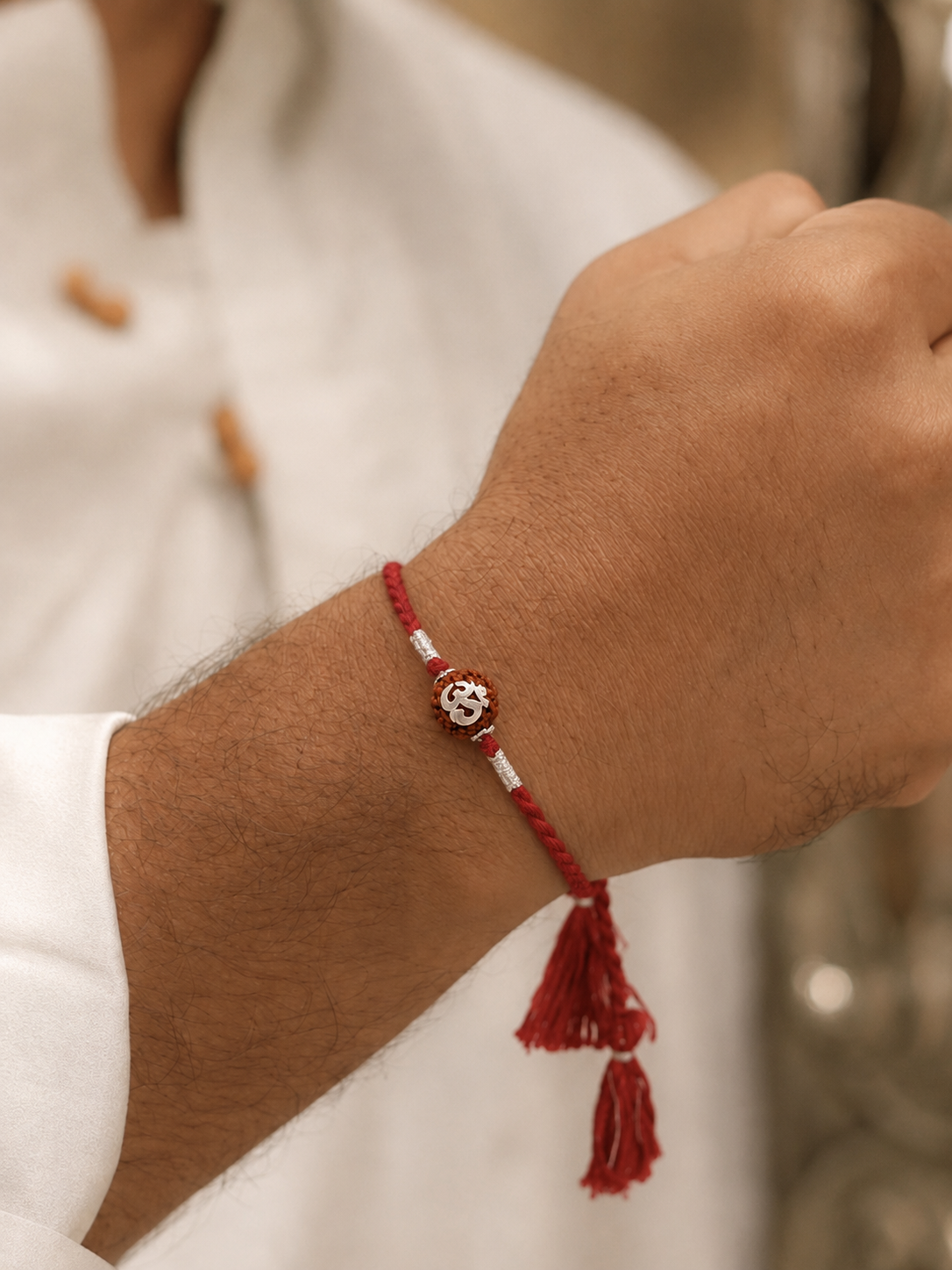 OM on Rudraksha Luxury Silver 92.5 Bhai Rakhi