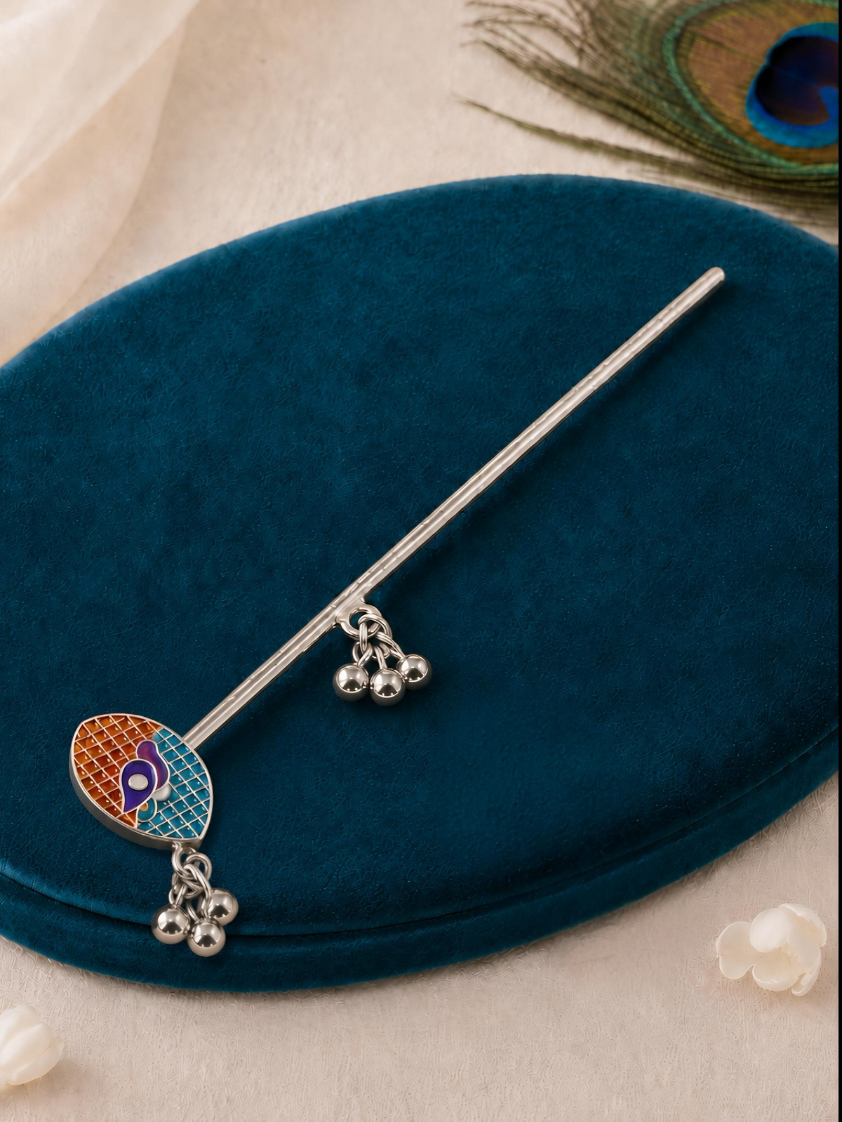 Pure 925 Silver Meenakari Peacock Ghungroo Flute/ Bansuri