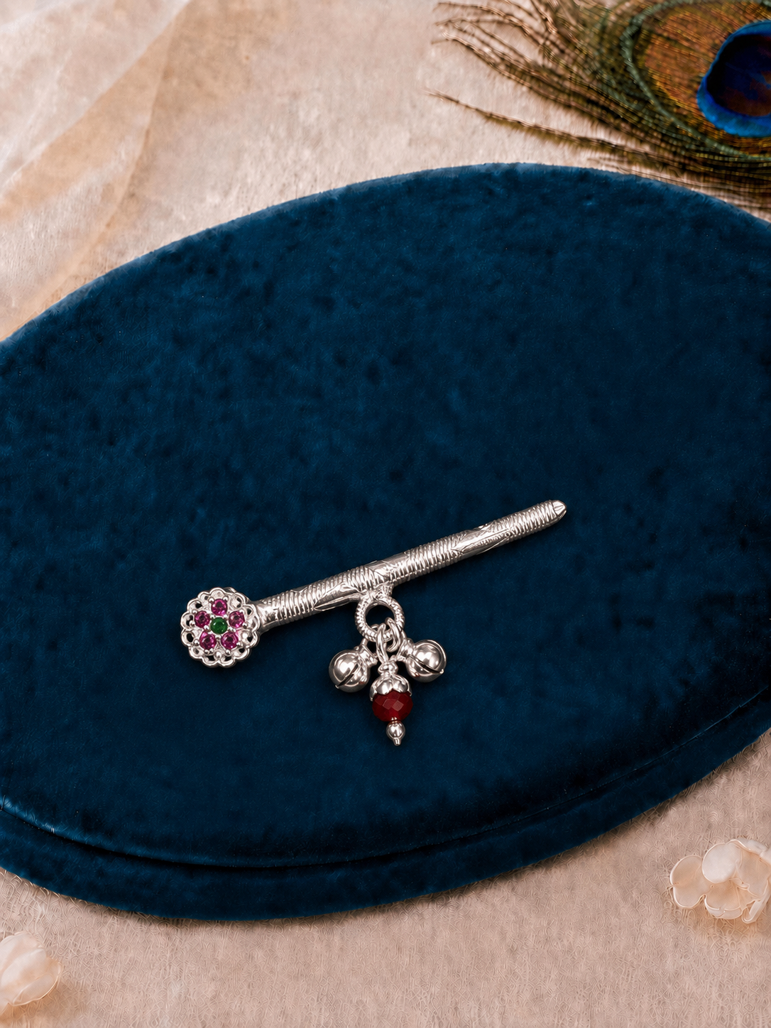 Floral Stone Pure Silver Bansuri/ Flute with Ghungroo