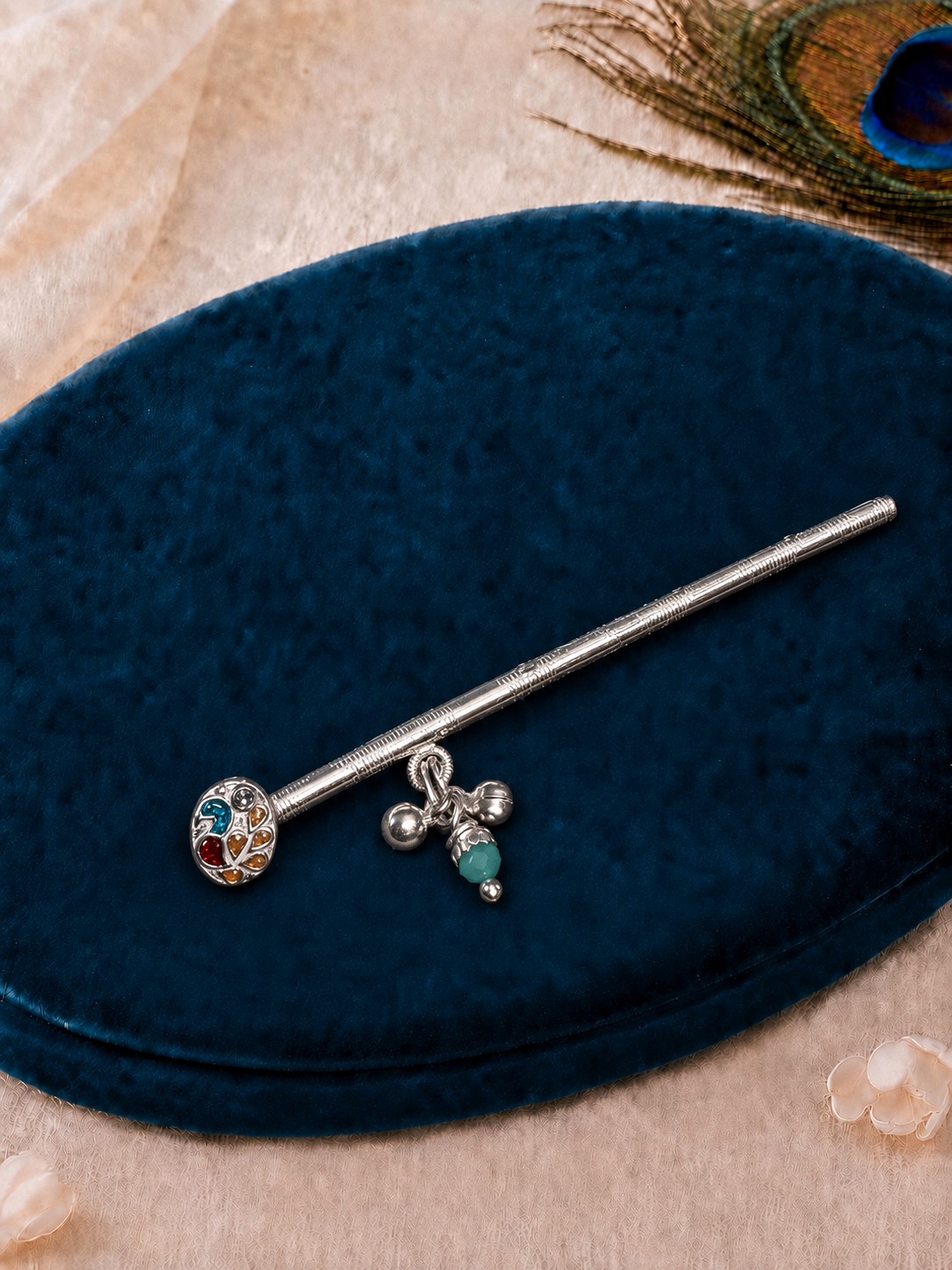 Laddu Gopal Multicolour Enamel Pure Silver Bansuri with Ghungroo
