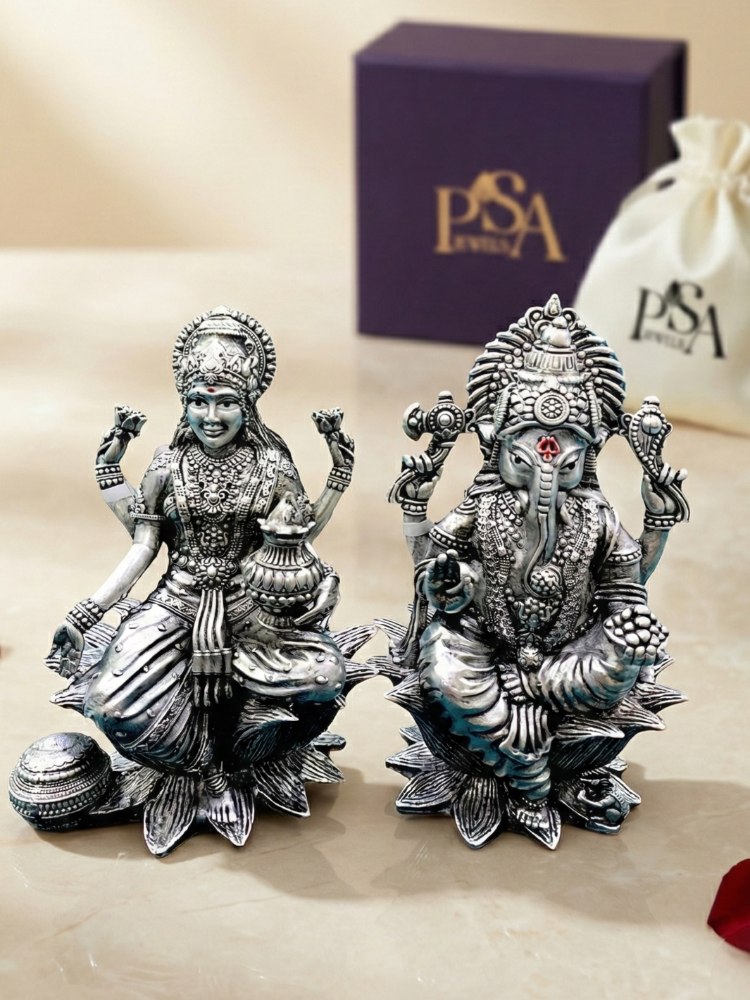 Pure Silver Antique Finish Laxmiji Ganeshji Idol