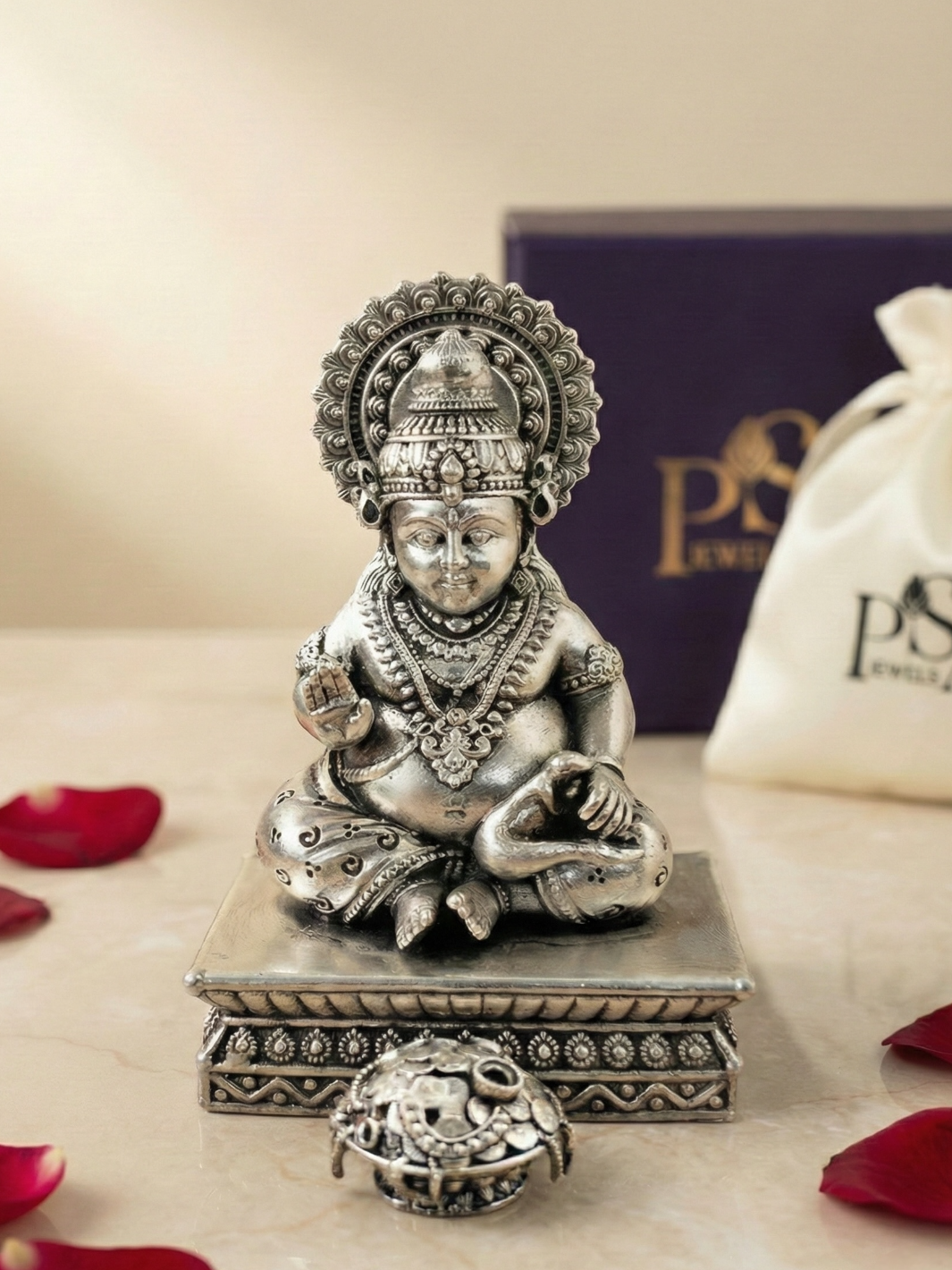 Pure Silver Kuber Bhandari Idol with coin pot
