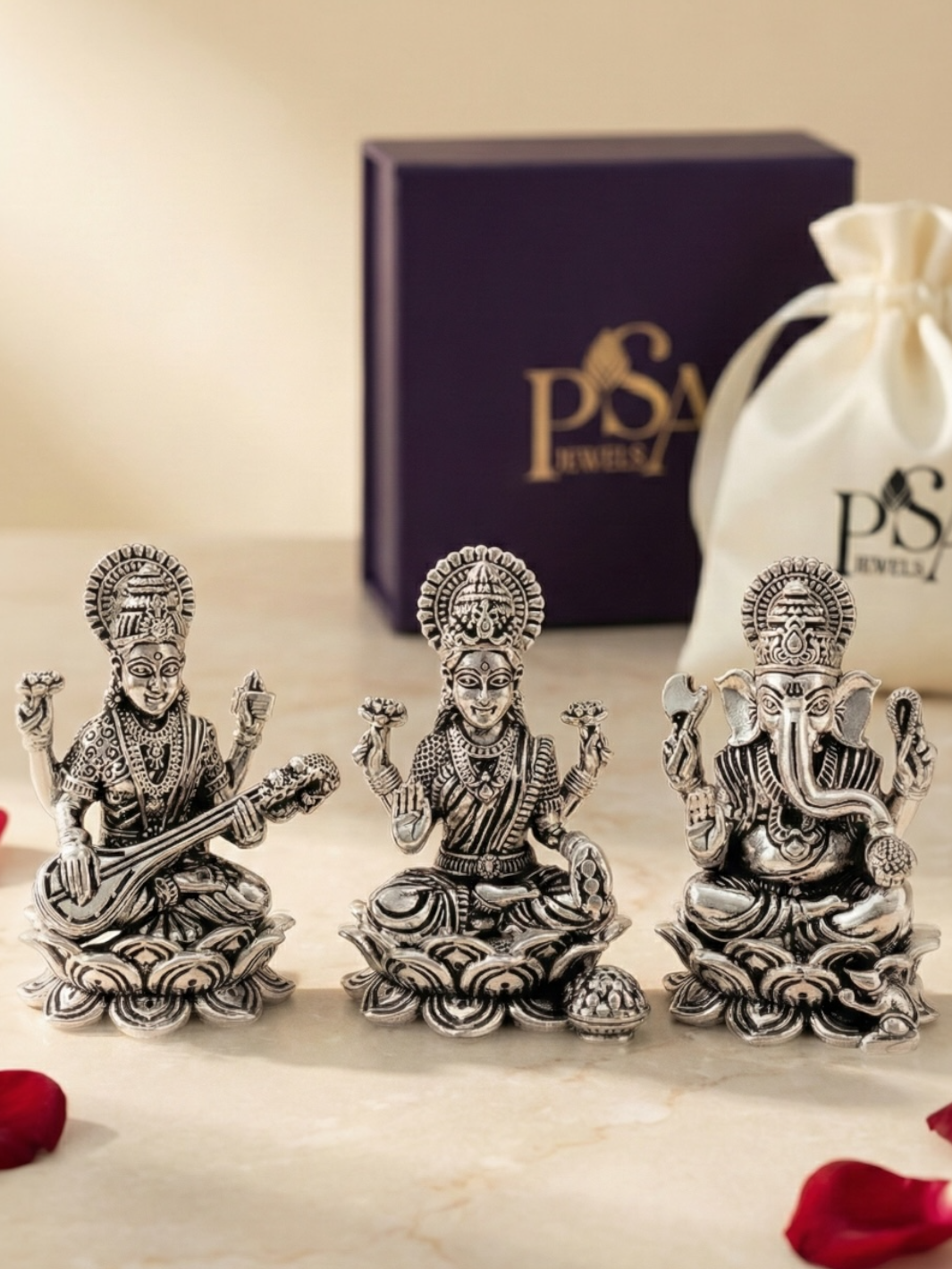 Pure Silver Laxmiji Ganeshji Saraswatiji Idol