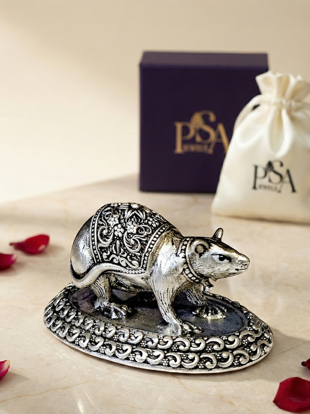 Pure Silver Antique Finish Solid Chuha/Mushakraj Idol