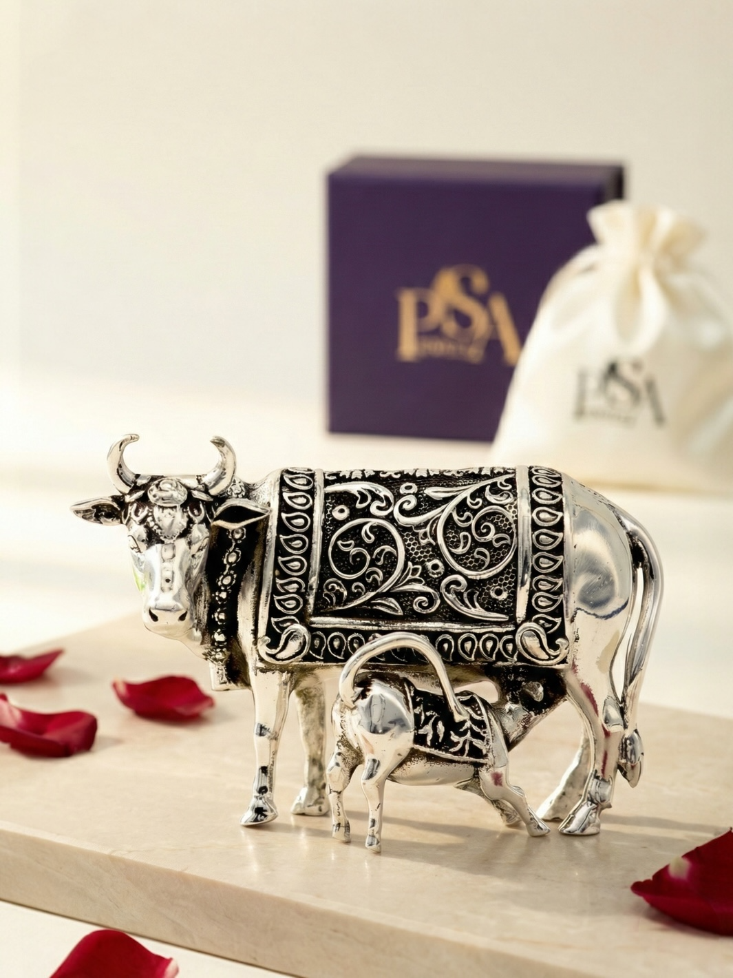 Kamdhenu Cow and Calf Pure Silver Idol