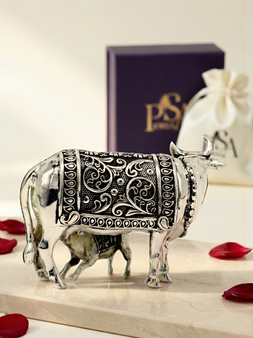 Kamdhenu Cow and Calf Pure Silver Idol