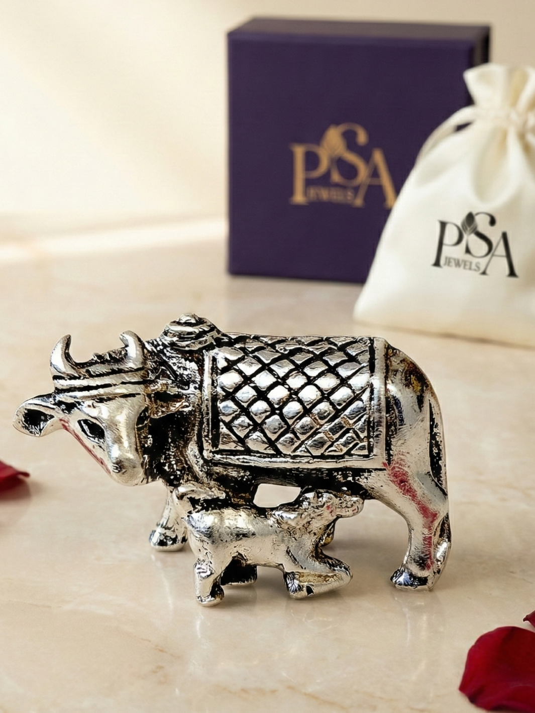 Pure Silver Antique Kamdhenu Cow and Calf Idol