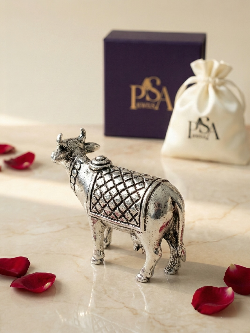 Pure Silver Antique Kamdhenu Cow and Calf Idol