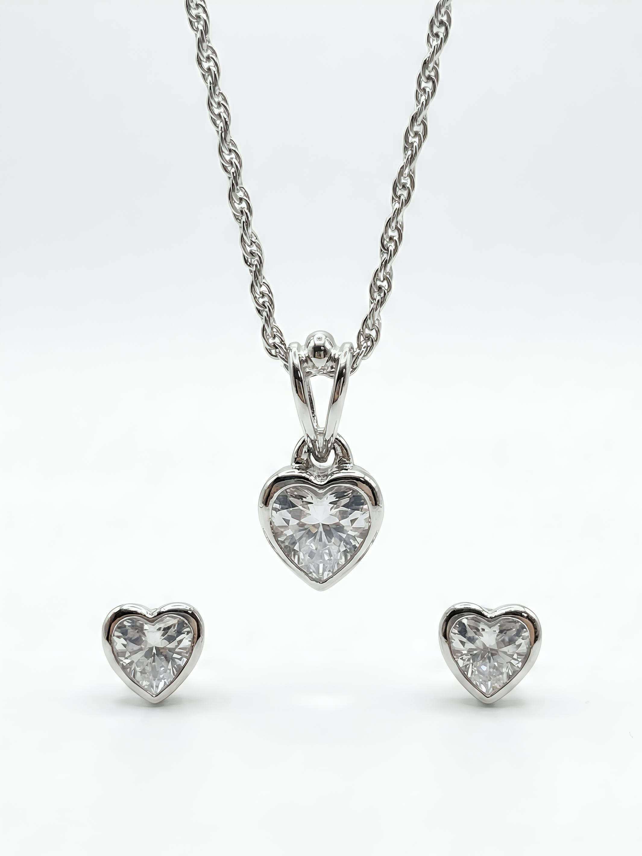 Sterling Silver Small Stone Heart Pendant Set