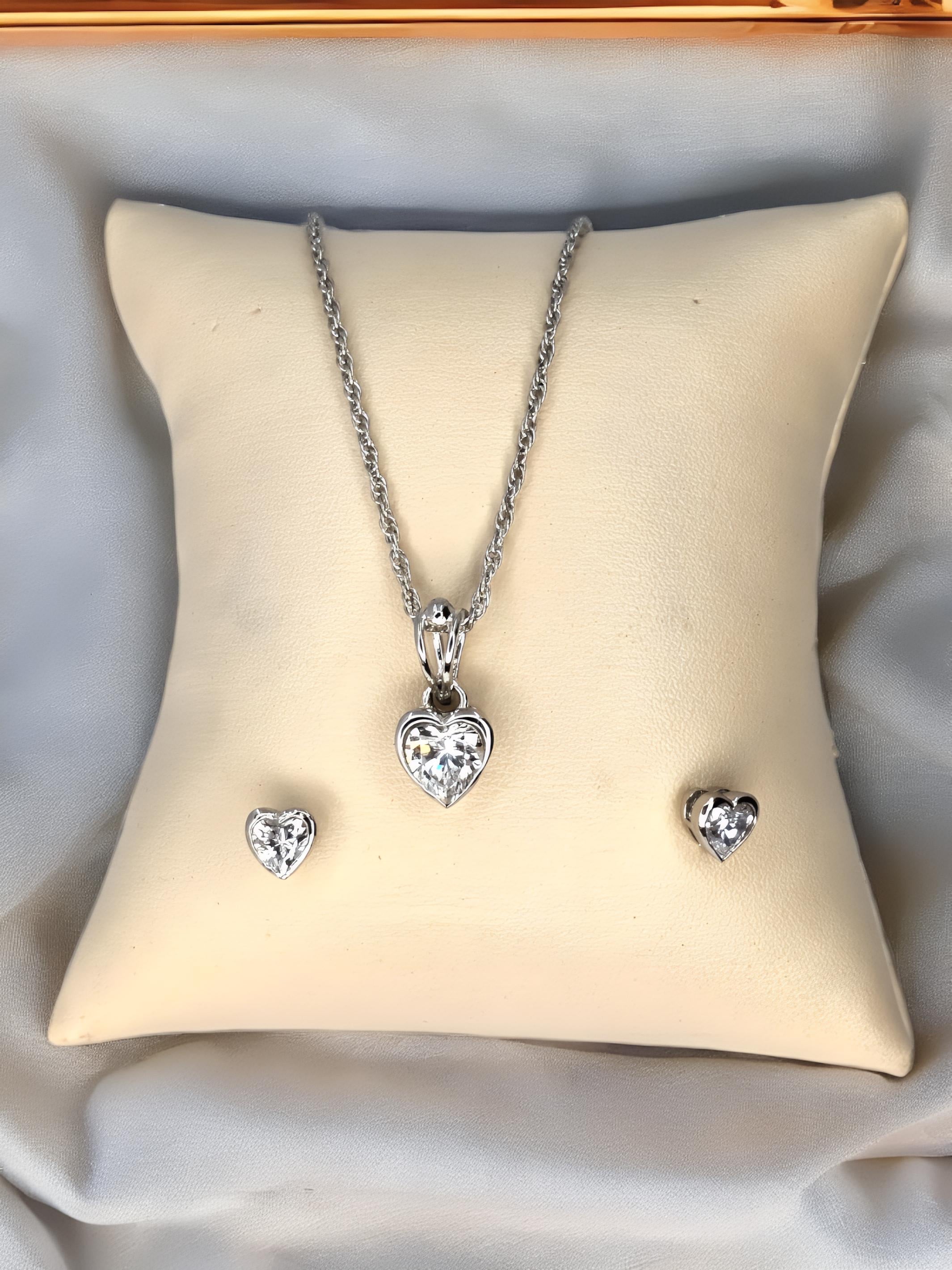 Sterling Silver Small Stone Heart Pendant Set