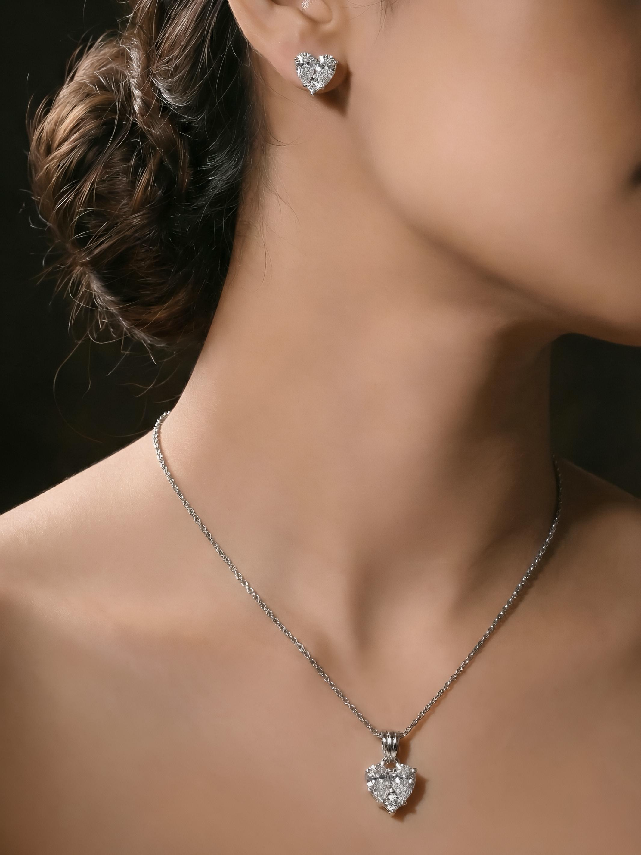 Sterling Silver Large Stone Heart Pendant Set