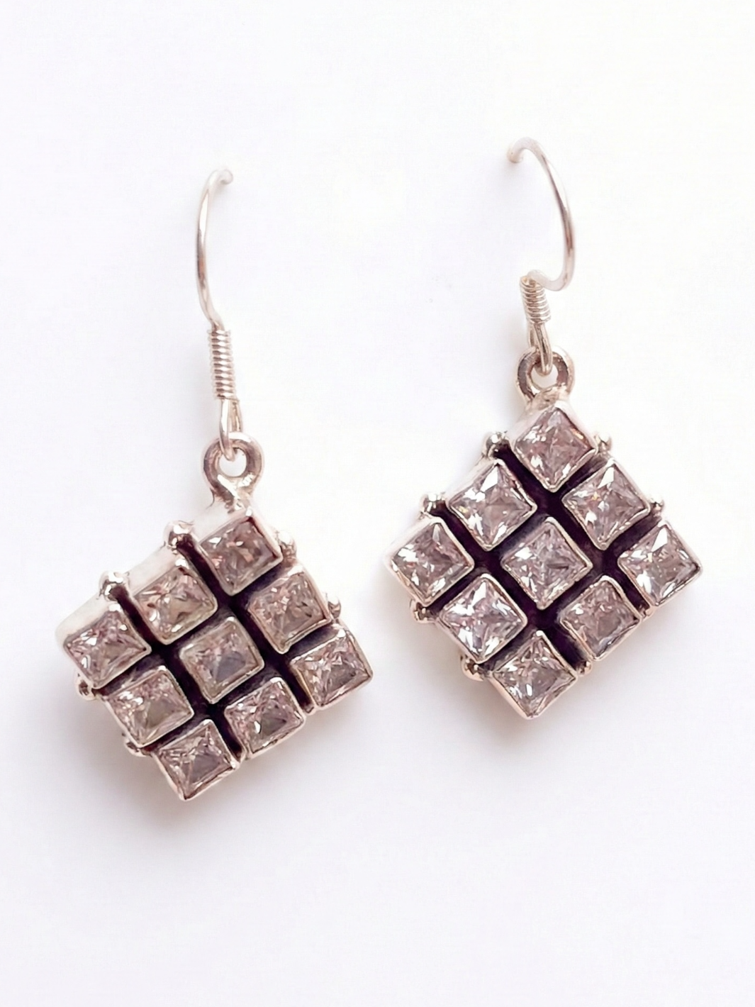 Square Shaped White Stone Pure Silver Earring