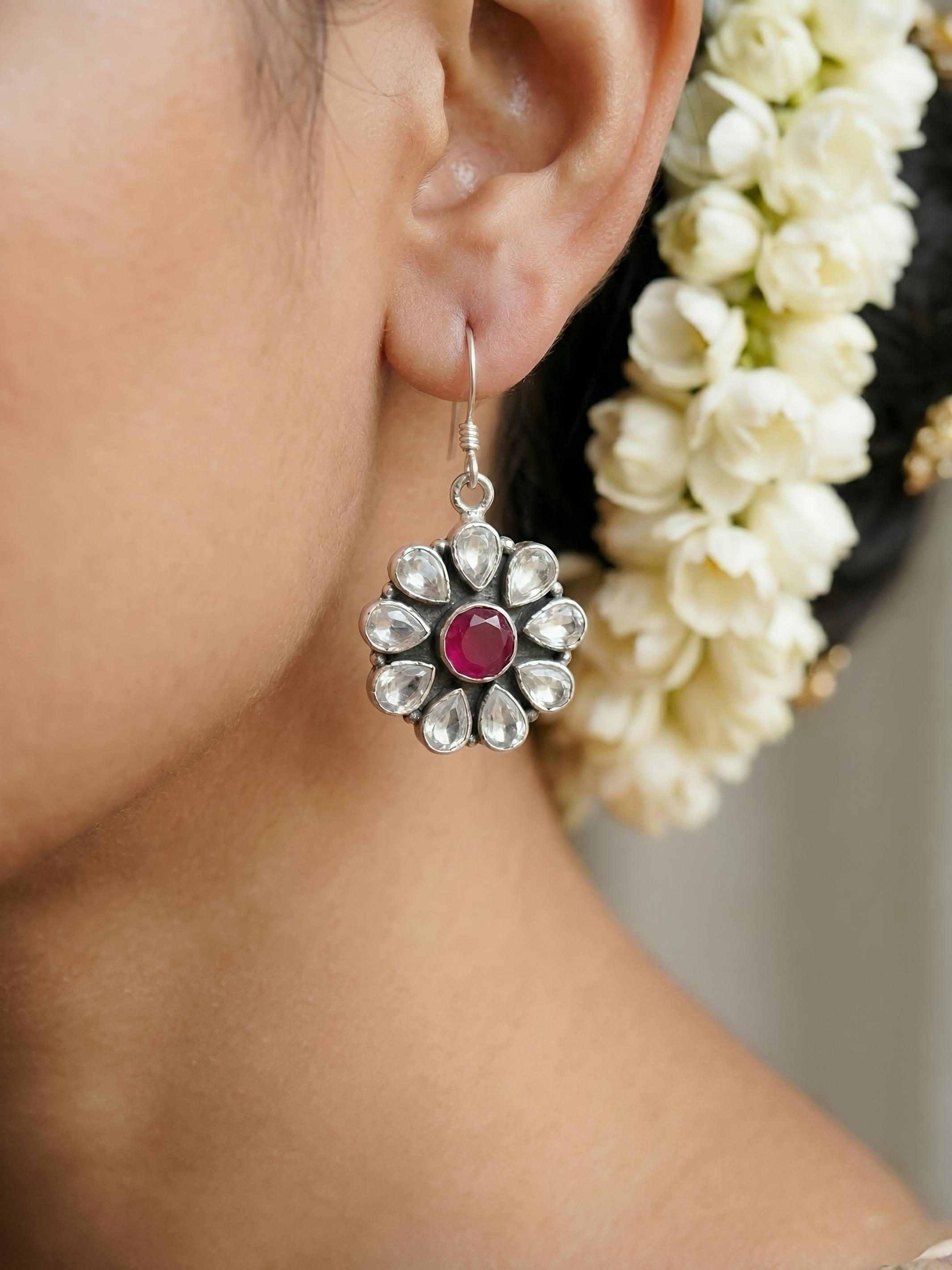 Ruby Floral Pure Silver Earing