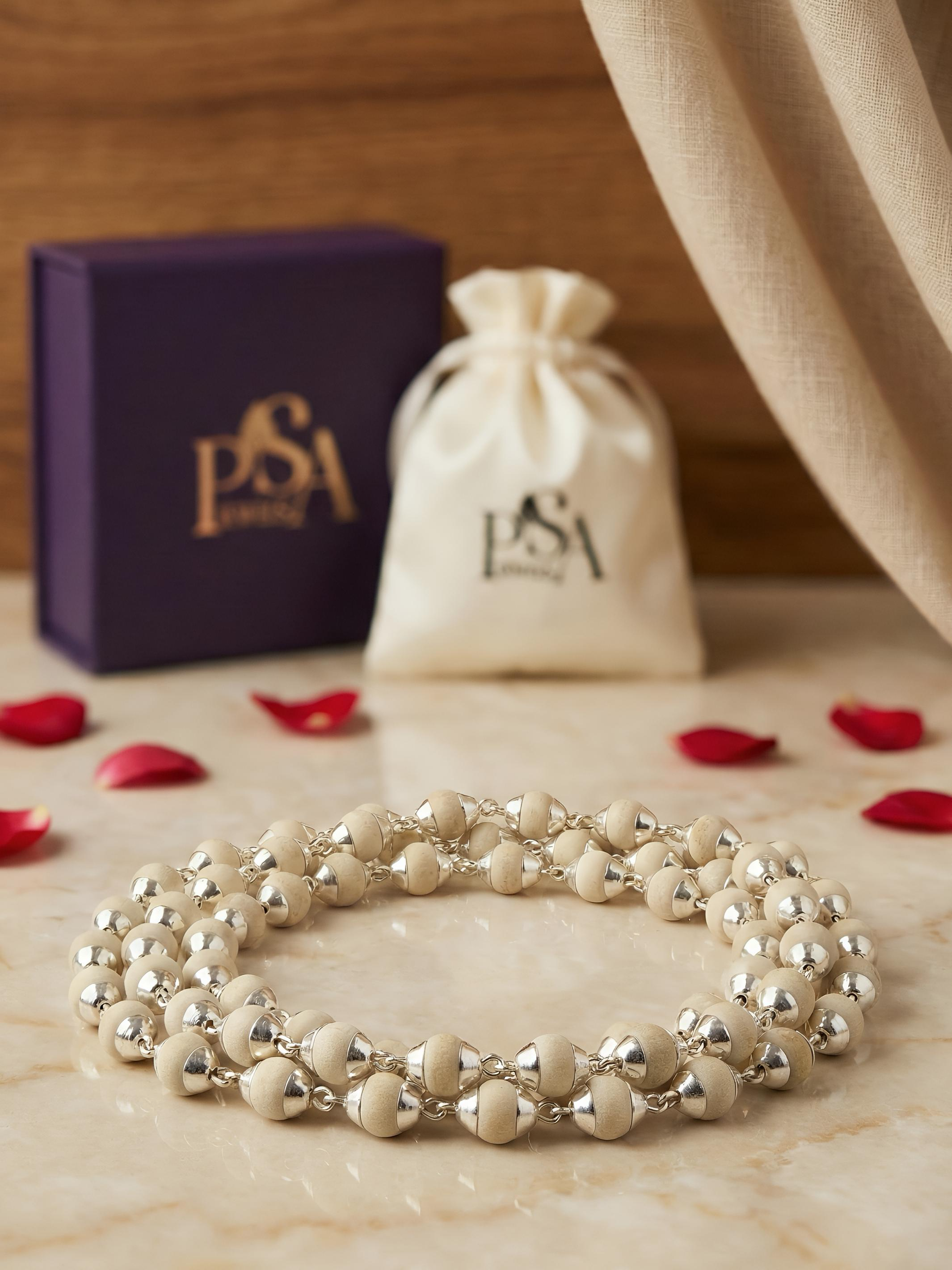 Tulsi Solid beads Pure Silver Japa Mala/ Chain-- 54 +1 beads
