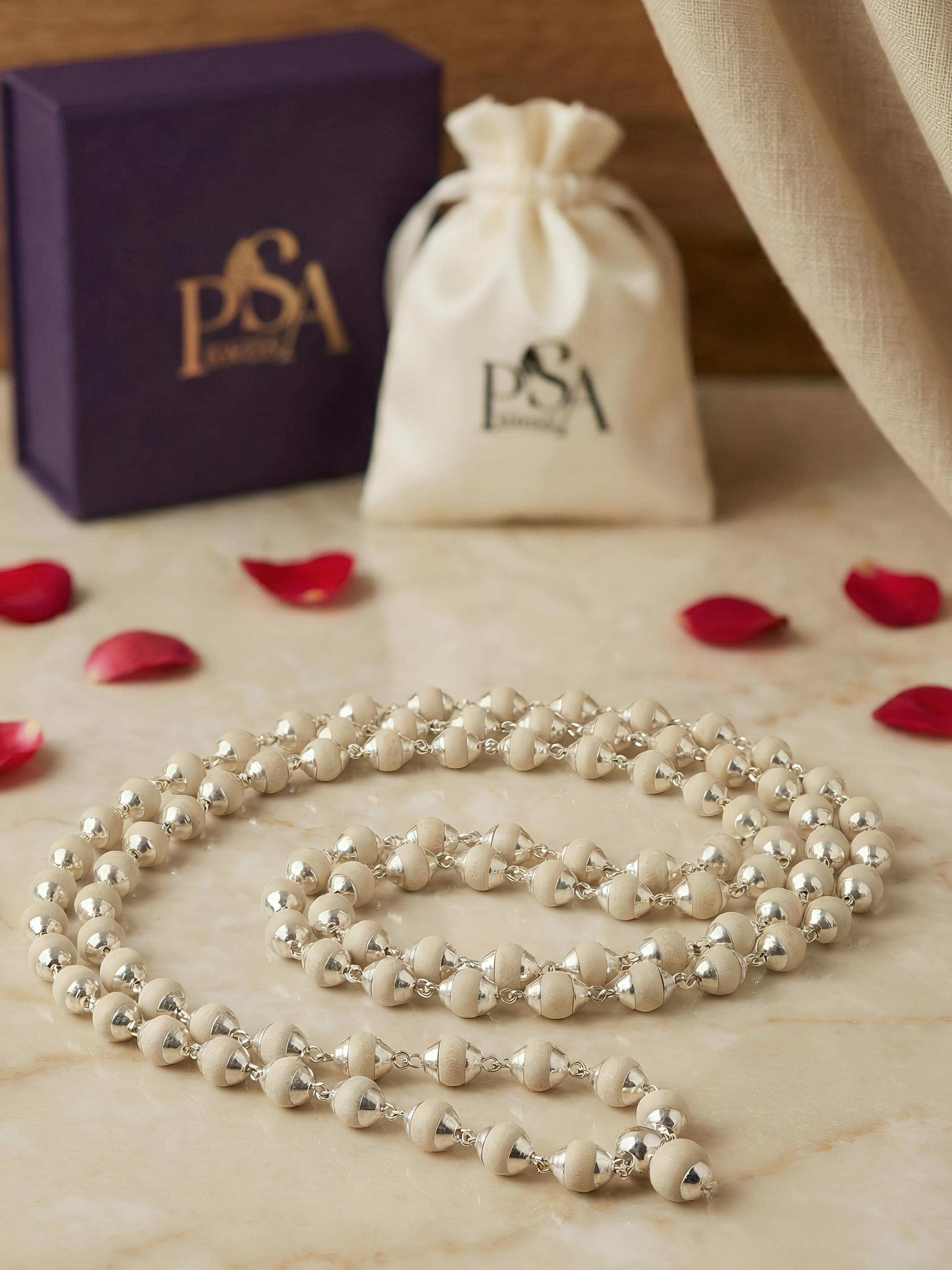 Tulsi Solid beads Pure Silver Japa Mala/ Chain -- 108 beads