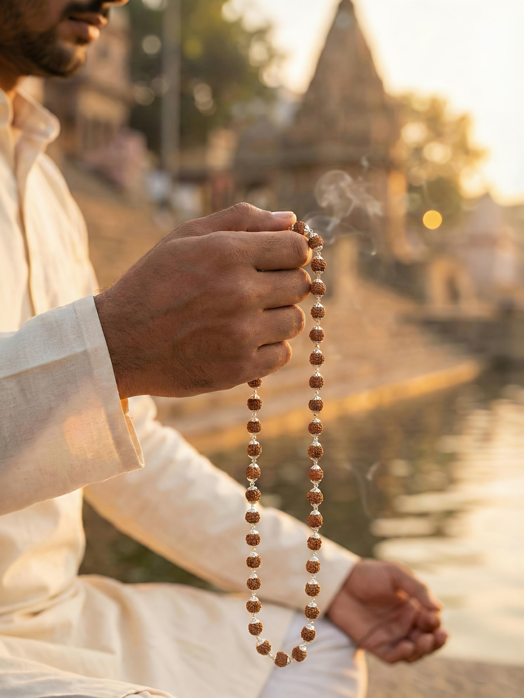 Natural Rudraksha Pure Silver japa mala (54-beads)